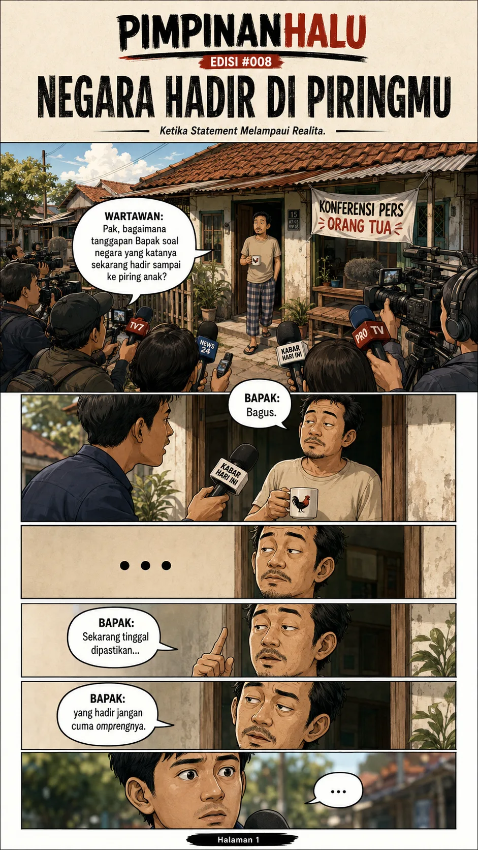Halaman 1: Seorang bapak berdaster santai memegang cangkir ayam jago berdiri di teras rumah petak, dikerumuni juru kamera dan mikrofon di bawah spanduk "Konferensi Pers Orang Tua"; ia menjawab pendek bahwa program itu bagus, asal yang hadir bukan cuma ompreng makanannya.