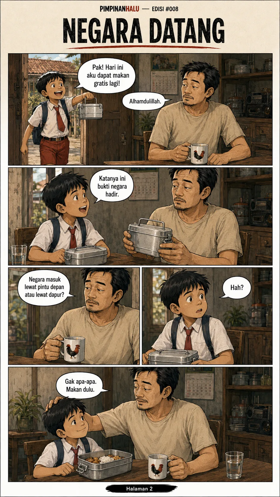 Halaman 2 ("Negara Datang"): Seorang anak berseragam SD pulang membawa ompreng aluminium dan bercerita ia dapat makan gratis lagi; sang ayah bersyukur lalu melempar pertanyaan soal lewat mana negara "masuk", membuat si anak bingung, dan menyuruhnya makan dulu.