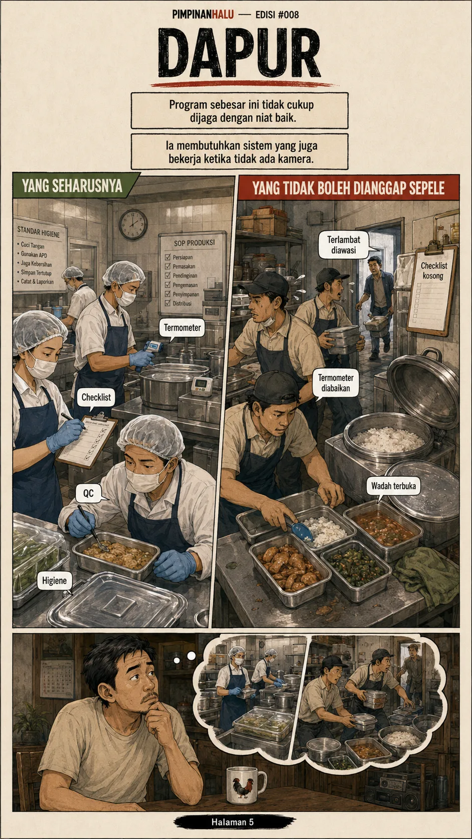 Halaman 5 ("Dapur"): Perbandingan dua dapur MBG - satu menjalankan standar higiene, checklist, kendali mutu, dan pengukuran suhu; satu lagi lalai dengan wadah terbuka, termometer diabaikan, dan checklist kosong; si ayah merenung membayangkan keduanya.