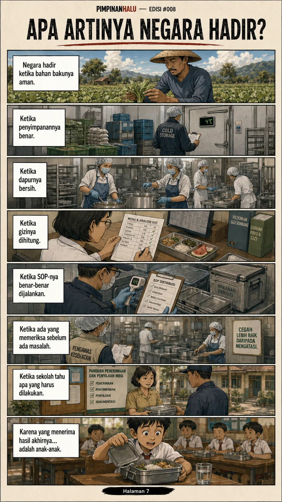 Halaman 7 ("Apa Artinya Negara Hadir?"): Rangkaian panel memperlihatkan setiap titik kehadiran negara - petani, cold storage 4 derajat, dapur bersih, analisis gizi, SOP distribusi, pengawas kesehatan, panduan penerimaan di sekolah - ditutup dengan seorang anak membuka ompreng di kelas.