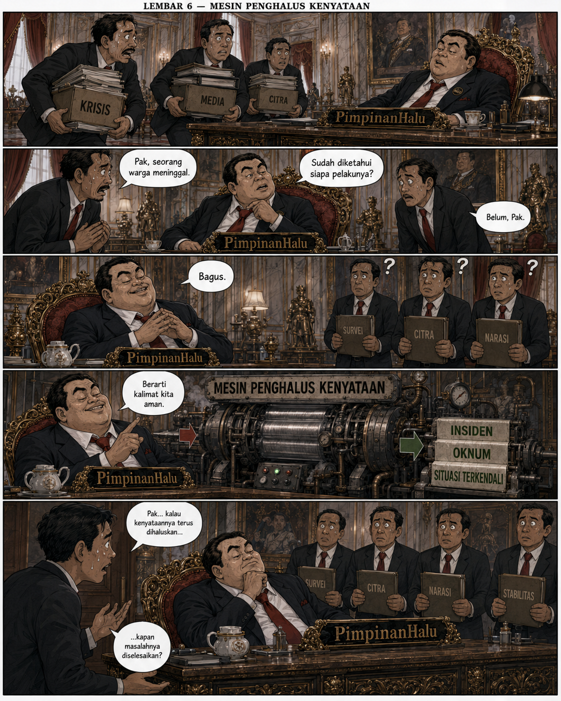 Halaman 6, Mesin Penghalus Kenyataan: staf membawa berkas krisis, media, dan citra; PimpinanHalu menyebut keadaan aman karena pelaku belum diketahui, lalu mesin mengubah kata insiden menjadi oknum dan situasi terkendali.