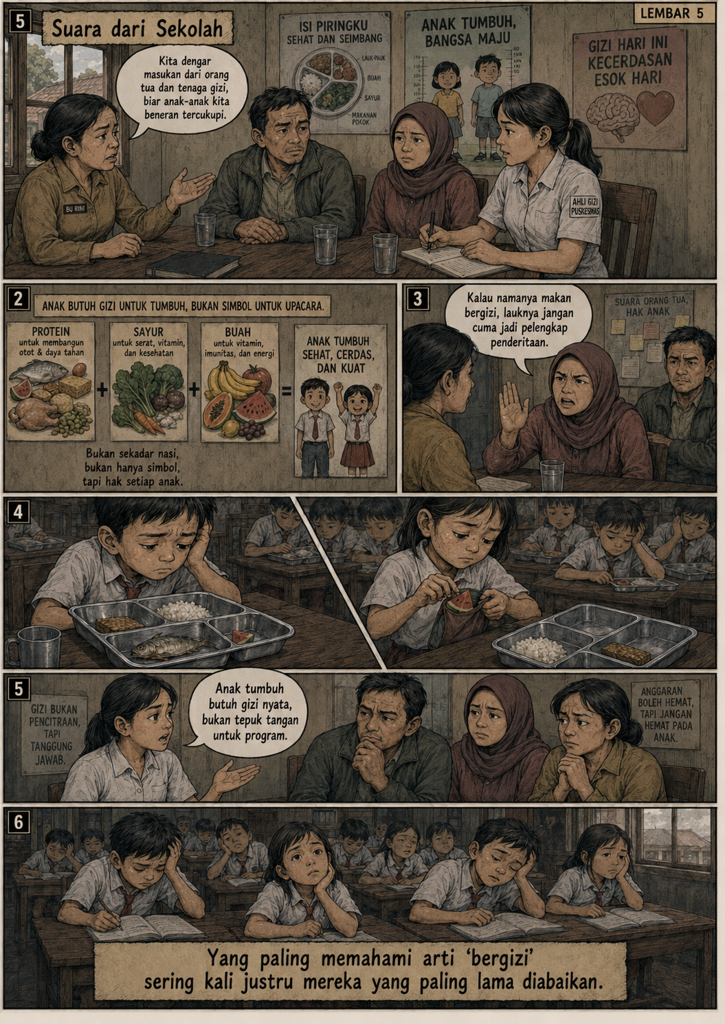 Halaman 5, Suara dari Sekolah: Bu Rini berdiskusi dengan orang tua serta ahli gizi puskesmas tentang protein, sayur, buah, dan kebutuhan tumbuh anak; para murid terlihat lesu di kelas.