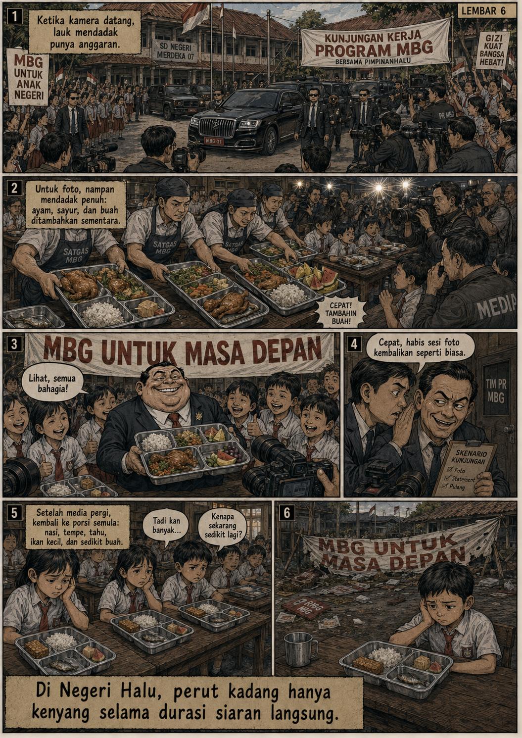 Halaman 6: kunjungan kerja PimpinanHalu ke sekolah disambut kamera dan nampan penuh ayam, sayur, serta buah; seusai sesi foto, petugas mengembalikan porsi menjadi nasi, tempe, tahu, ikan kecil, dan sedikit buah.