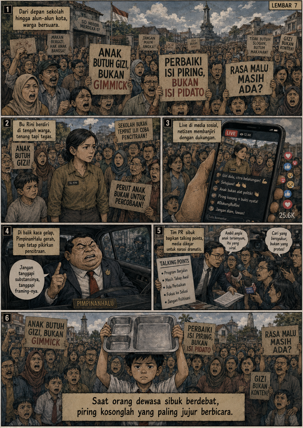 Halaman 7: warga berunjuk rasa membawa tuntutan gizi anak dan perbaikan isi piring; Bu Rini berdiri tenang, tim PR mengatur sudut liputan, dan seorang murid mengangkat nampan kosong.