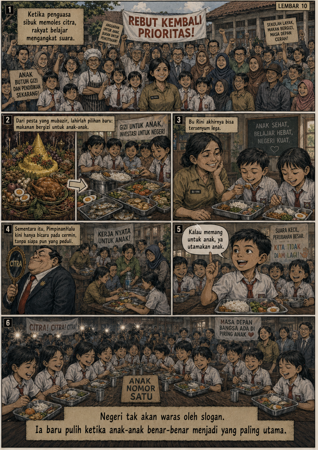 Halaman 10: guru, orang tua, ahli gizi, pedagang, dan murid bersatu; makanan lengkap dialihkan untuk piring anak, kelas kembali ceria, sedangkan PimpinanHalu hanya berbicara kepada cermin.