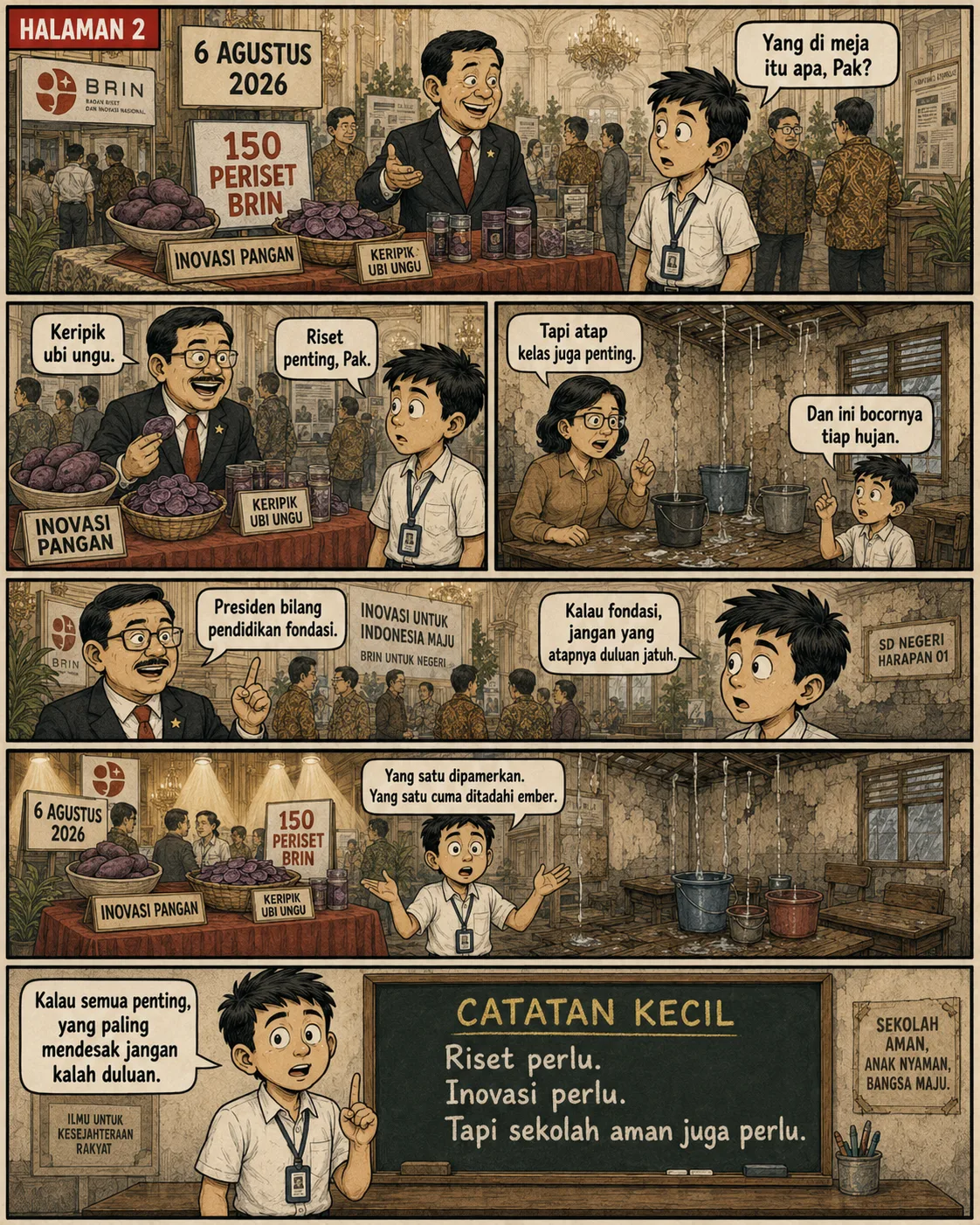 Halaman 2: Di pameran inovasi pangan ubi ungu di Istana, staf muda membandingkannya dengan ruang kelas bocor yang ditadahi ember; papan tulis menutup dengan "Catatan Kecil: riset perlu, inovasi perlu, tapi sekolah aman juga perlu".