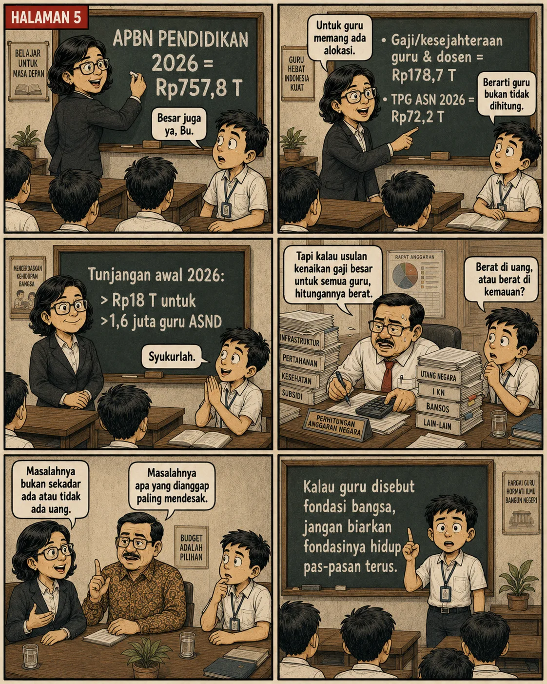 Halaman 5: Guru menuliskan angka-angka APBN Pendidikan 2026 di papan tulis; seorang pejabat di meja penuh tumpukan pos anggaran (infrastruktur, pertahanan, kesehatan, subsidi, utang negara, IKN, bansos) berkata kenaikan gaji semua guru "hitungannya berat". Pesan: kalau guru disebut fondasi bangsa, jangan biarkan fondasinya hidup pas-pasan terus.