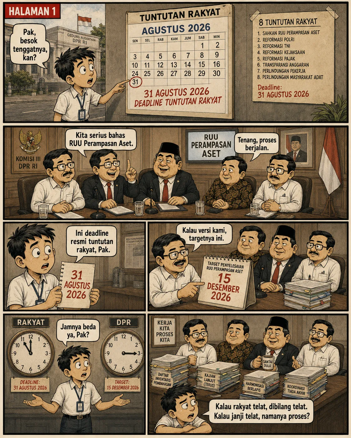 Halaman 1 ("Deadline"): Staf muda menunjuk kalender bertanda merah 31 Agustus 2026 di depan Gedung DPR RI; papan memuat 8 tuntutan rakyat; di ruang Komisi III pejabat menenangkan "proses berjalan"; dua jam menunjukkan waktu berbeda untuk Rakyat (deadline 31 Agustus) dan DPR (target 15 Desember).