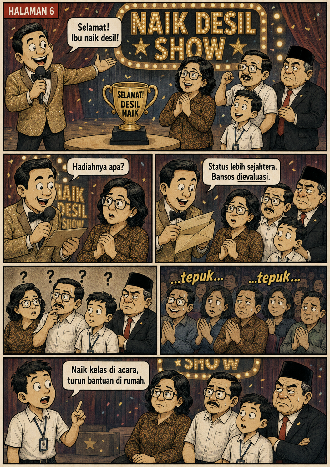 Halaman 6: acara televisi fiktif Naik Desil Show memberi piala kepada warga, lalu mengumumkan status lebih sejahtera dan evaluasi bansos di tengah tepuk tangan canggung.