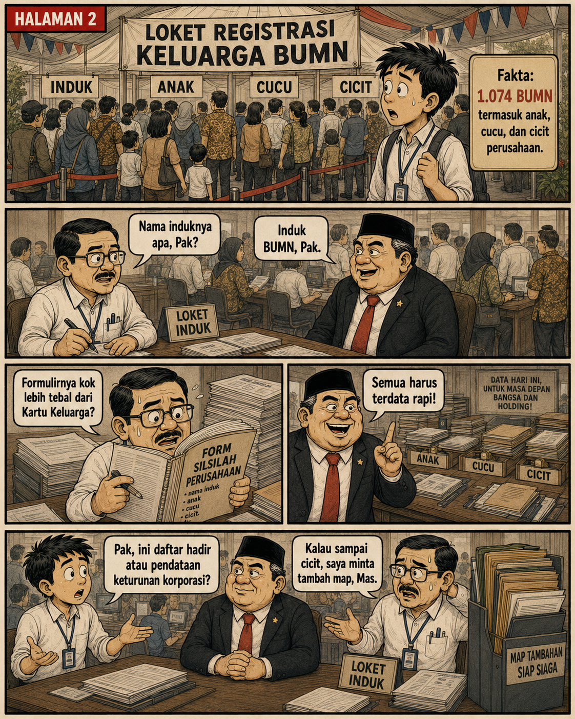 Halaman 2: loket registrasi keluarga BUMN membagi antrean perusahaan induk, anak, cucu, dan cicit serta menumpuk formulir silsilah perusahaan.