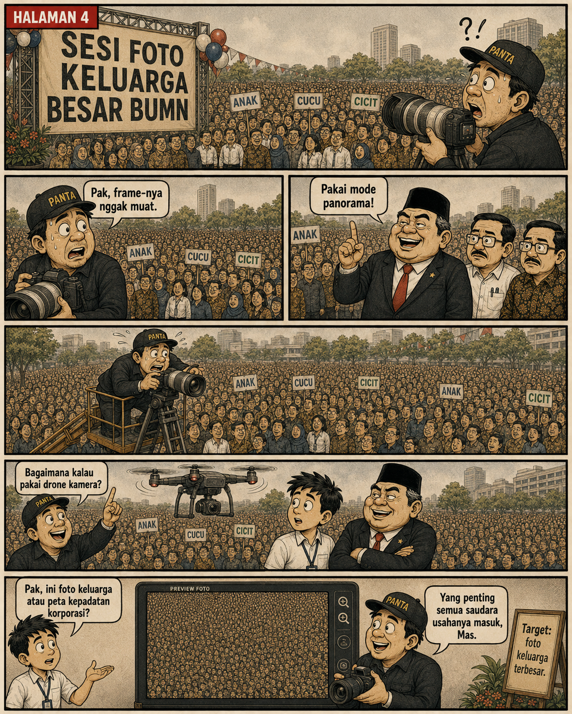 Halaman 4: fotografer mencoba memotret keluarga besar BUMN memakai panorama dan drone karena jumlah peserta terlalu banyak untuk satu bingkai.