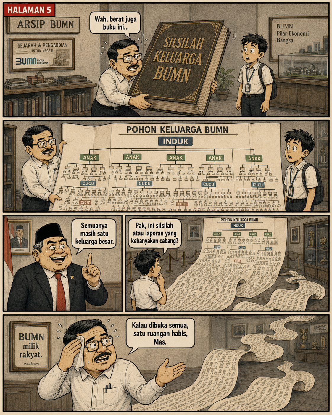 Halaman 5: buku silsilah dan bagan pohon keluarga BUMN menunjukkan banyak tingkat anak, cucu, dan cicit perusahaan hingga lembarannya memenuhi ruangan.