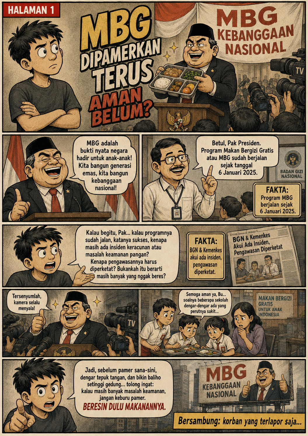 Sampul Masih Beracun Guys: satire tentang panggung kebanggaan MBG yang disandingkan dengan pertanyaan mengenai keamanan makanan bagi anak.