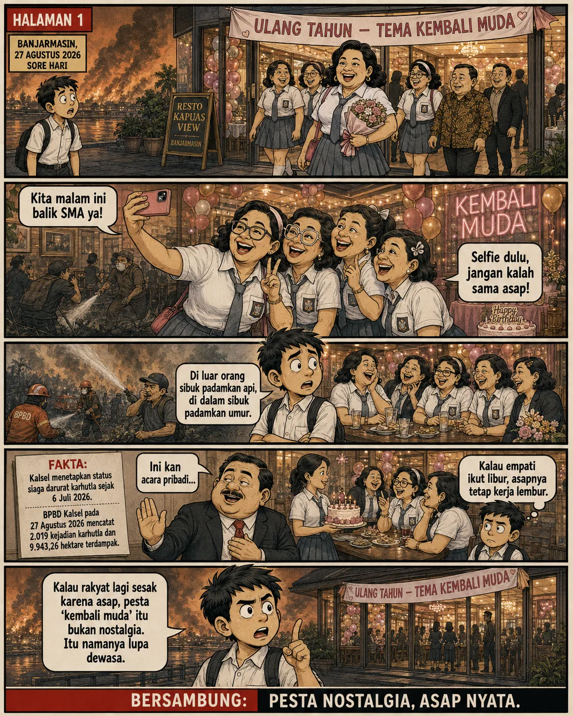 Sampul komik "Kembali Muda, Jangan Kembali Tuli": pesta bertema seragam SMA di dalam resto, sementara di luar kota diselimuti asap karhutla dan petugas BPBD bekerja.