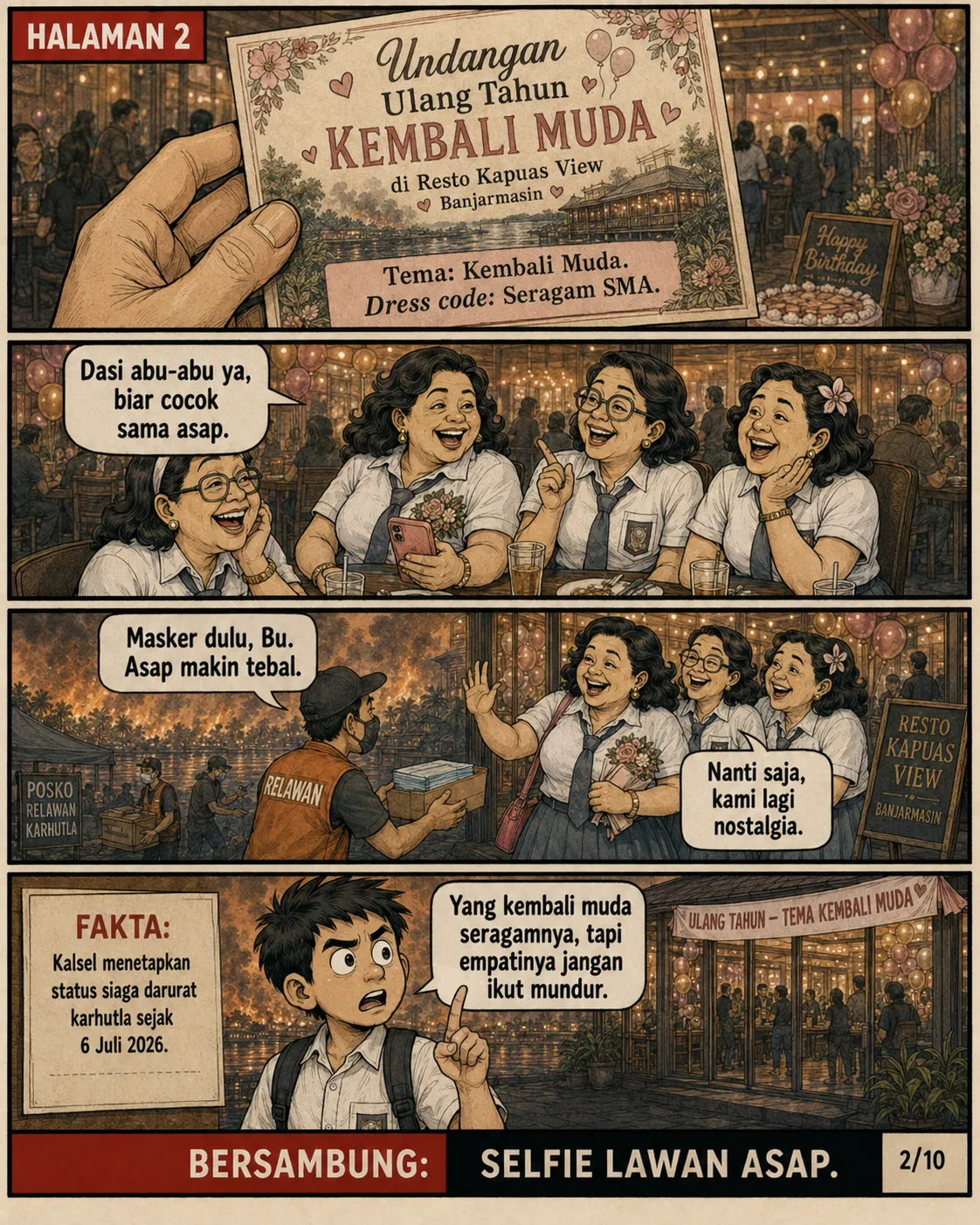 Halaman 2: Kartu undangan pesta bertema seragam SMA; seorang relawan karhutla menyodorkan masker kepada tamu yang menolak karena sedang bernostalgia.