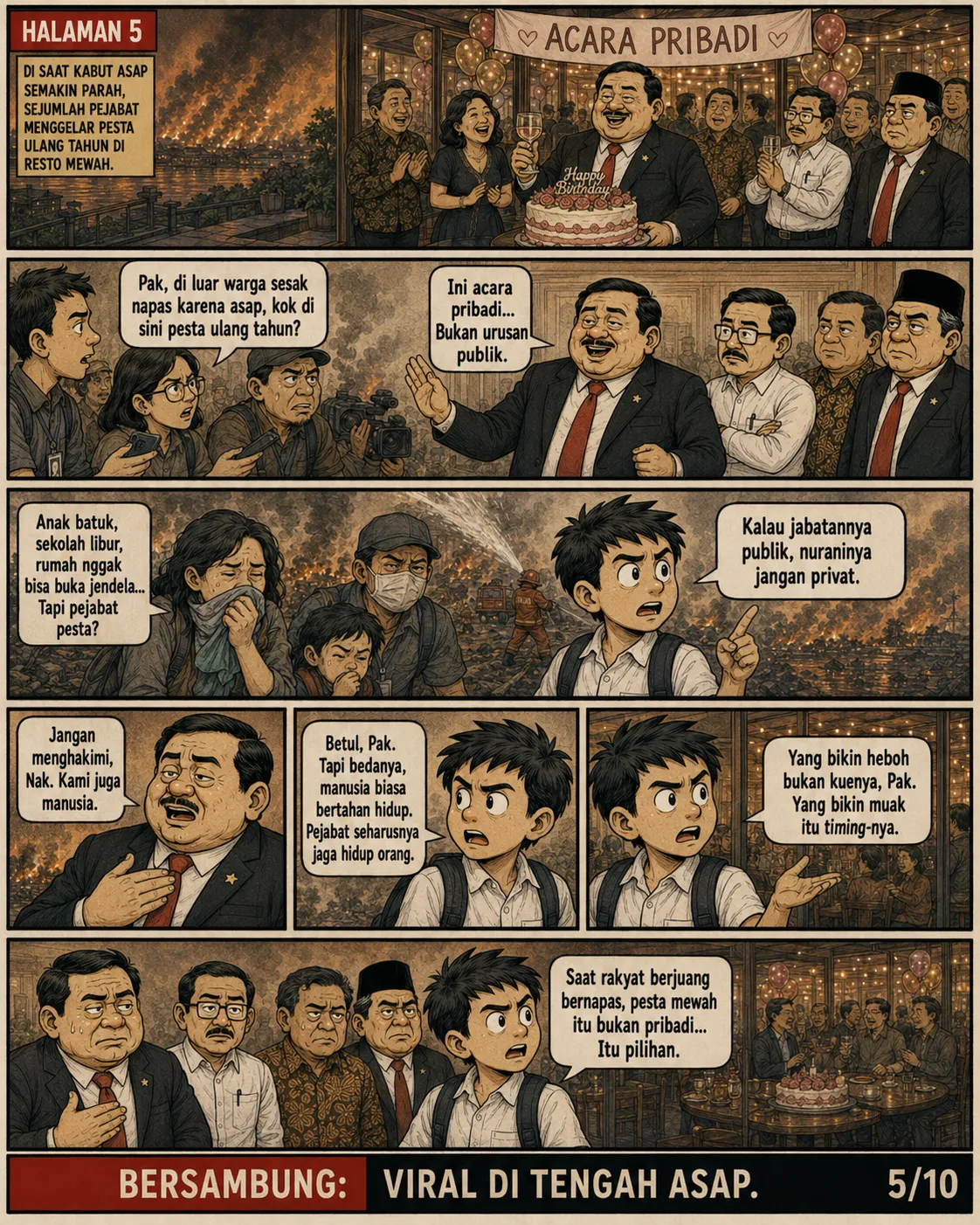 Halaman 5: Seorang anak muda berdebat dengan pejabat berbatik di dalam resto soal etika menggelar pesta saat warga sesak napas karena asap.