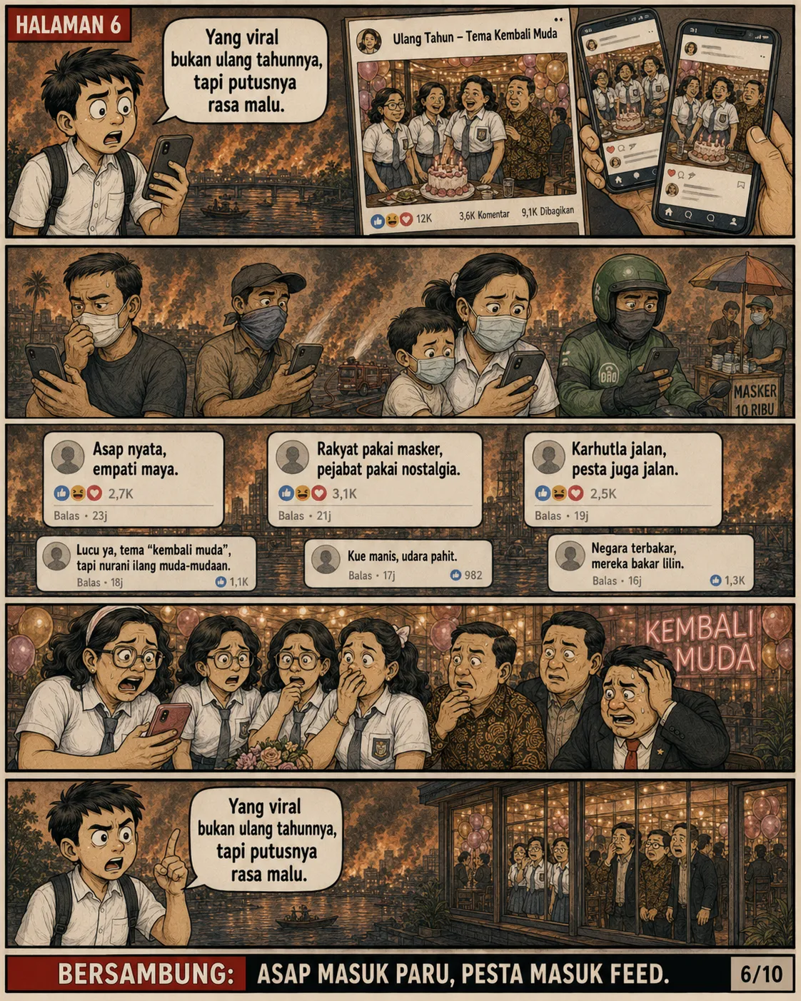 Halaman 6: Layar ponsel penuh komentar warganet yang mengkritik pesta pejabat di tengah bencana asap.