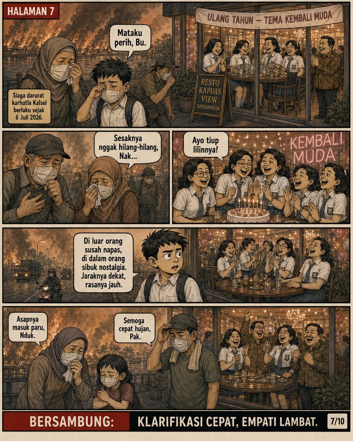 Halaman 7: Warga di permukiman terbatuk dan mengeluh perih mata karena asap, dikontraskan dengan adegan meniup lilin ulang tahun di dalam resto.