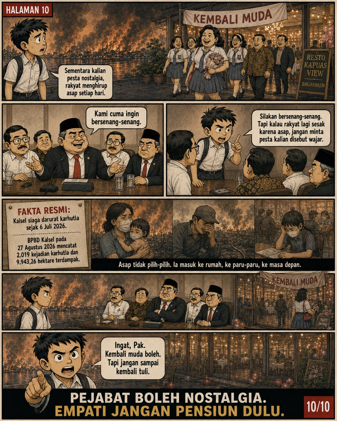 Halaman 10: Anak muda berbicara di depan para pejabat dengan latar kota berasap; fakta resmi karhutla Kalsel ditampilkan, ditutup dengan pesan "kembali muda boleh, tapi jangan sampai kembali tuli".