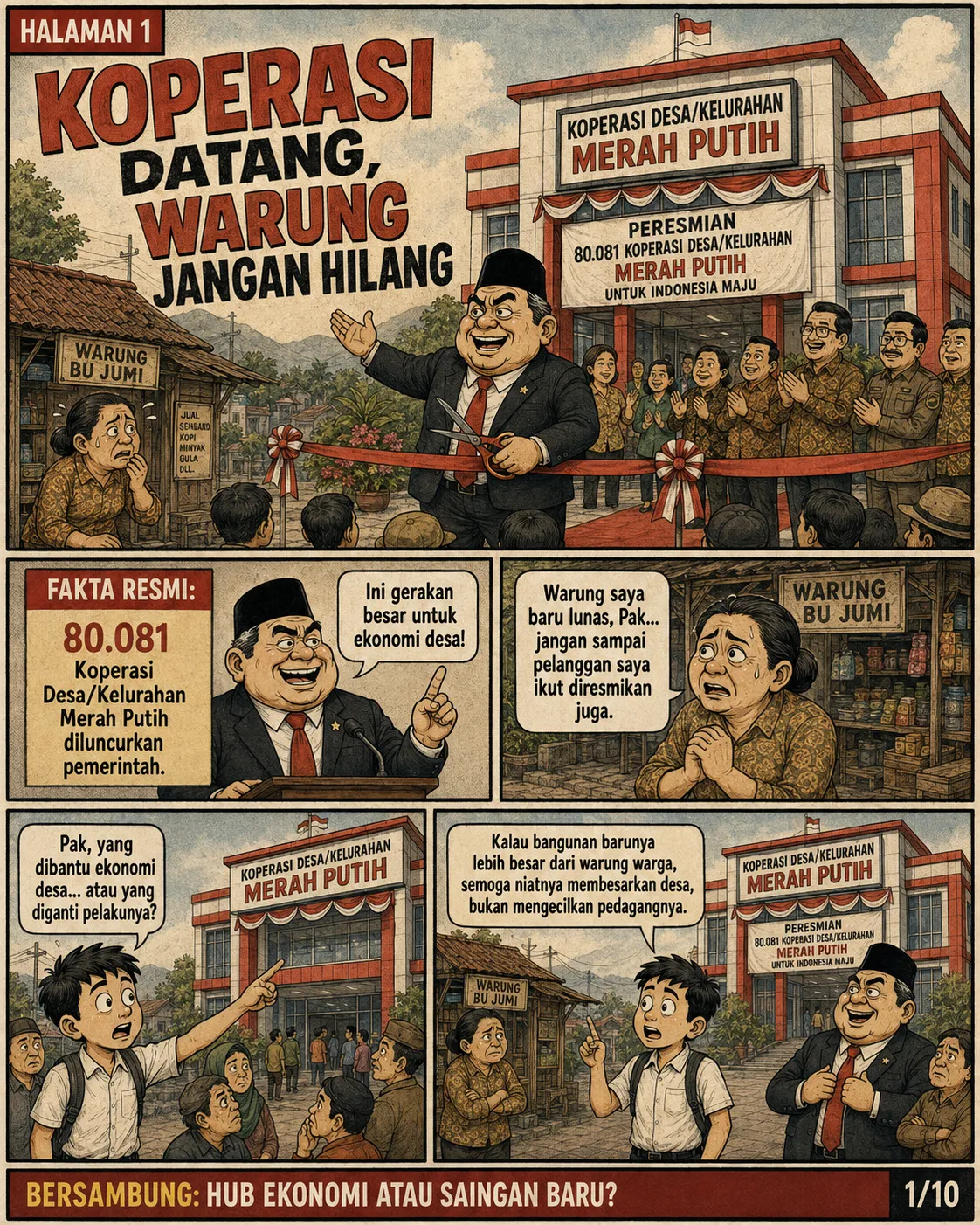 Halaman 1: Seremoni peresmian gedung Koperasi Desa/Kelurahan Merah Putih dihadiri pejabat; di pinggir, pemilik warung kecil tampak cemas.