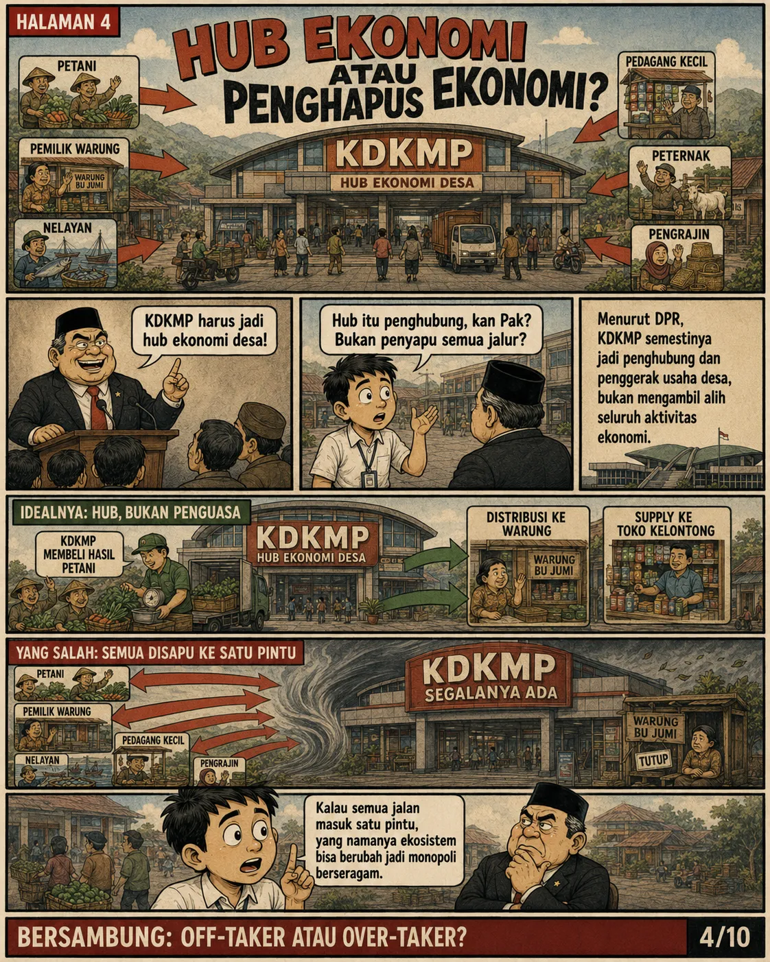 Halaman 4: Diagram KDKMP sebagai hub yang menghubungkan petani, nelayan, pedagang, dan warung; dibandingkan dengan skema di mana semua jalur disedot ke satu gedung.