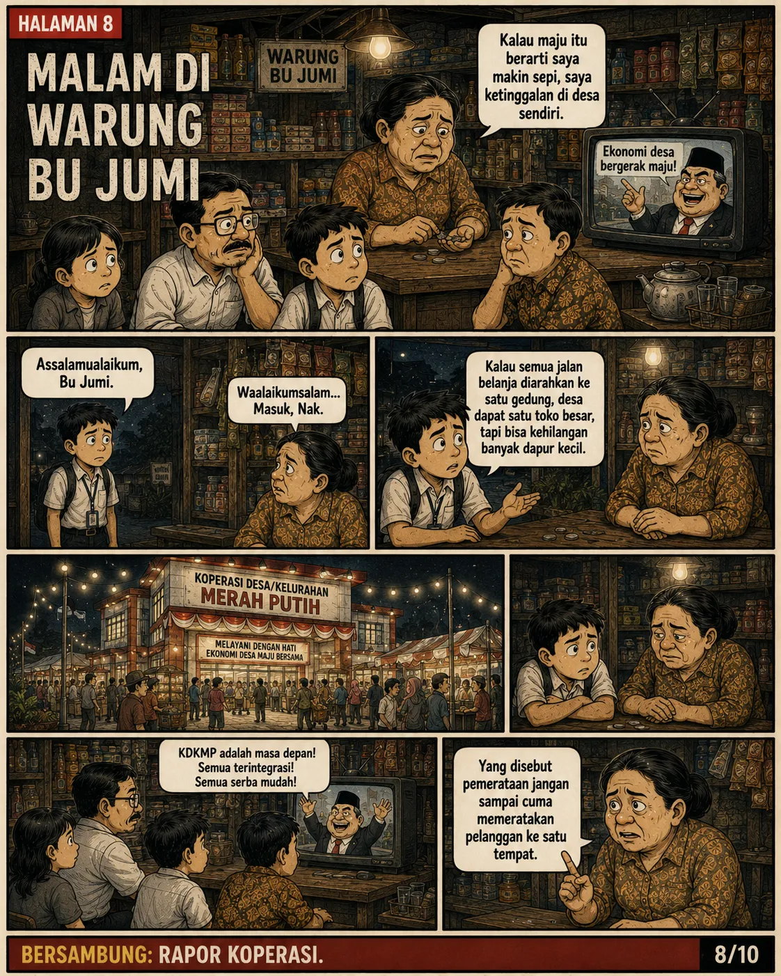 Halaman 8: Bu Jumi duduk sendirian di warungnya yang sepi pada malam hari, menonton berita tentang kemajuan ekonomi desa.
