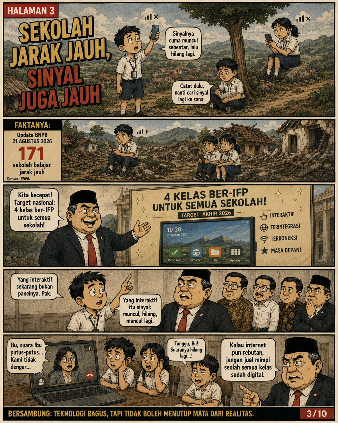 Halaman 3: Murid mencari sinyal ponsel di atas bukit dekat reruntuhan; panggilan video guru terputus-putus.