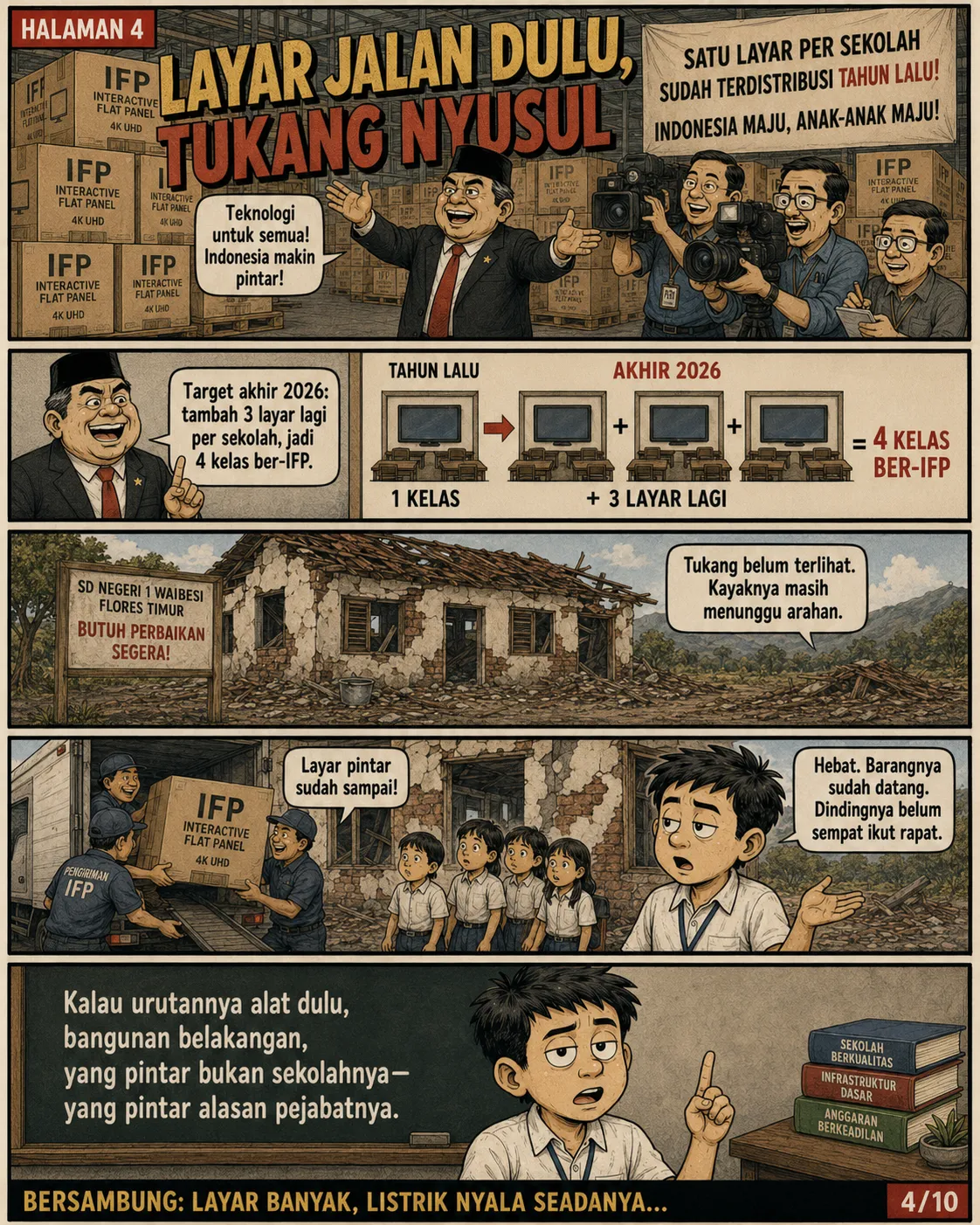 Halaman 4: Kardus-kardus Interactive Flat Panel ditumpuk dan dipamerkan, sementara SD Negeri 1 Waibesi bertanda "butuh perbaikan segera" masih roboh.