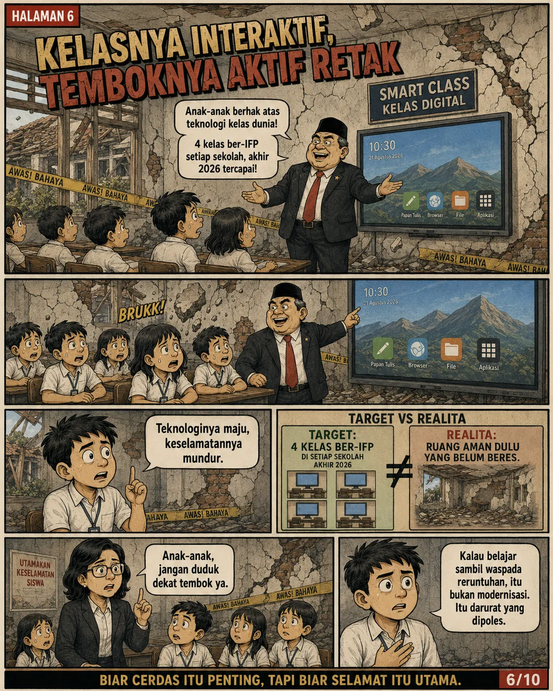 Halaman 6: Layar pintar terpasang di tembok retak berpita "Awas Bahaya"; sebuah reruntuhan kecil jatuh; guru mengingatkan murid menjauh dari tembok.