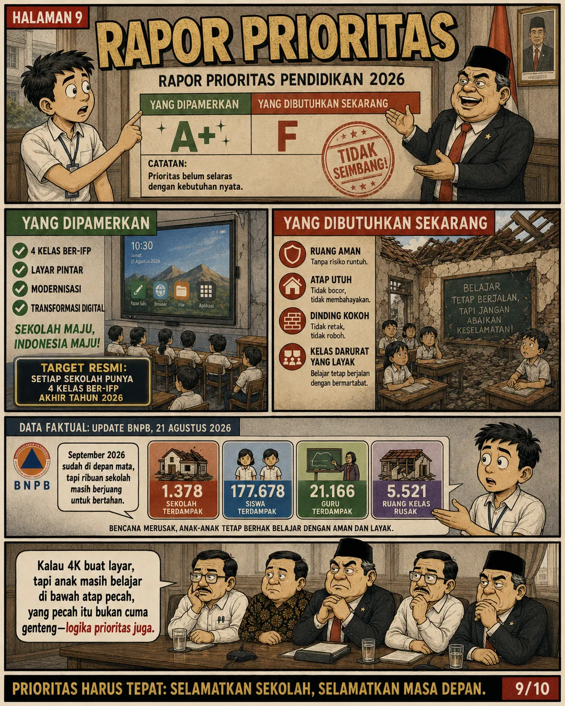Halaman 9: Papan "Rapor Prioritas" membandingkan daftar "yang dipamerkan" (layar pintar, modernisasi) dan "yang dibutuhkan sekarang" (ruang aman, atap utuh, dinding kokoh); data BNPB ditampilkan.