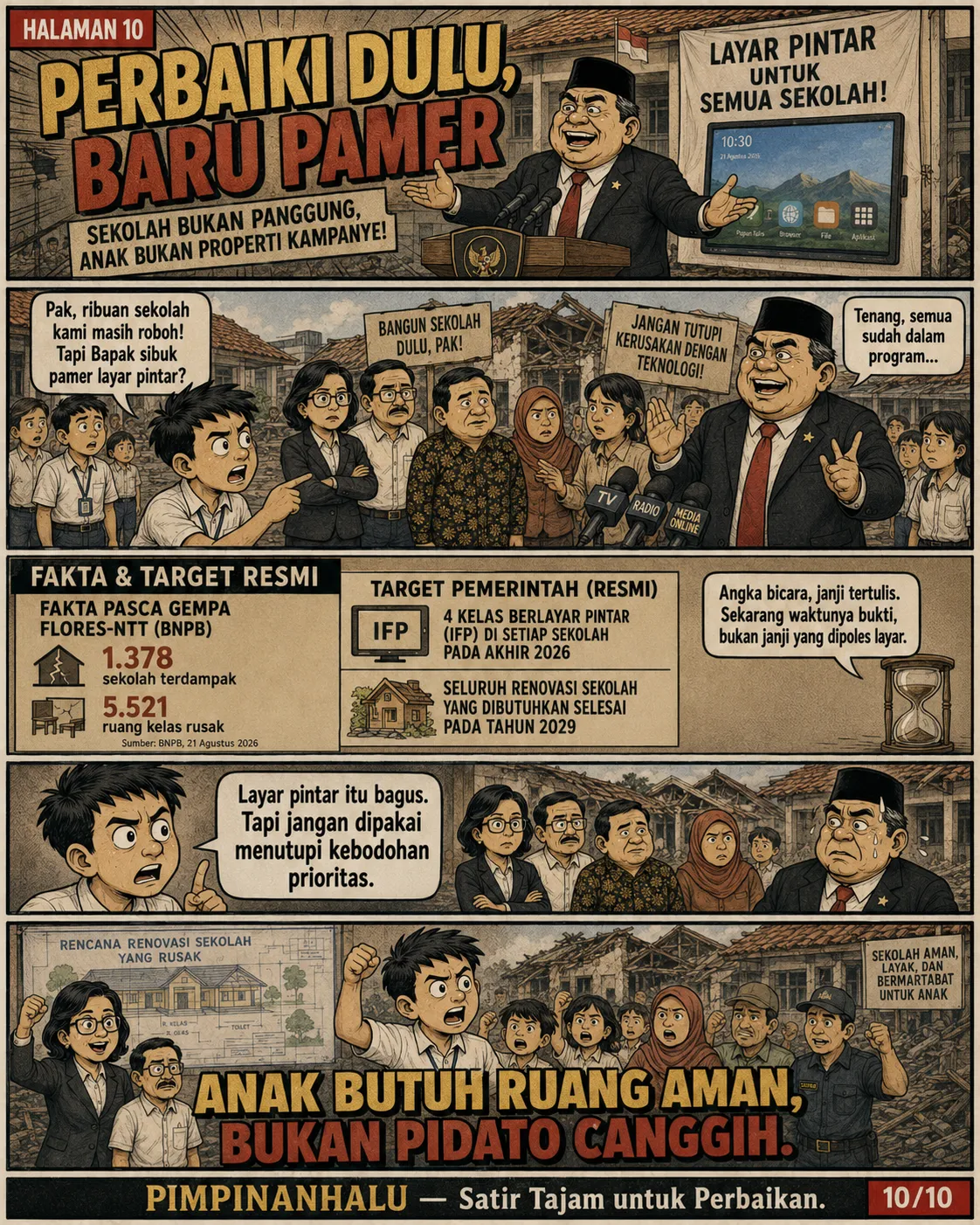Halaman 10: Warga, guru, dan murid berunjuk rasa menuntut perbaikan sekolah lebih dulu; di panel akhir, tukang memperbaiki atap dan rencana renovasi sekolah dipajang.