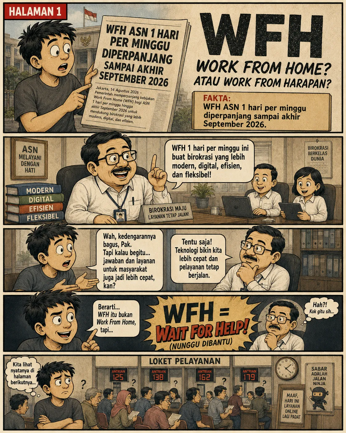 Halaman 1: Anak muda menunjukkan koran berjudul perpanjangan WFH ASN; di loket pelayanan, papan nomor antrean menunjuk angka ratusan dan tertempel tulisan "maaf, hari ini layanan online lagi padat".