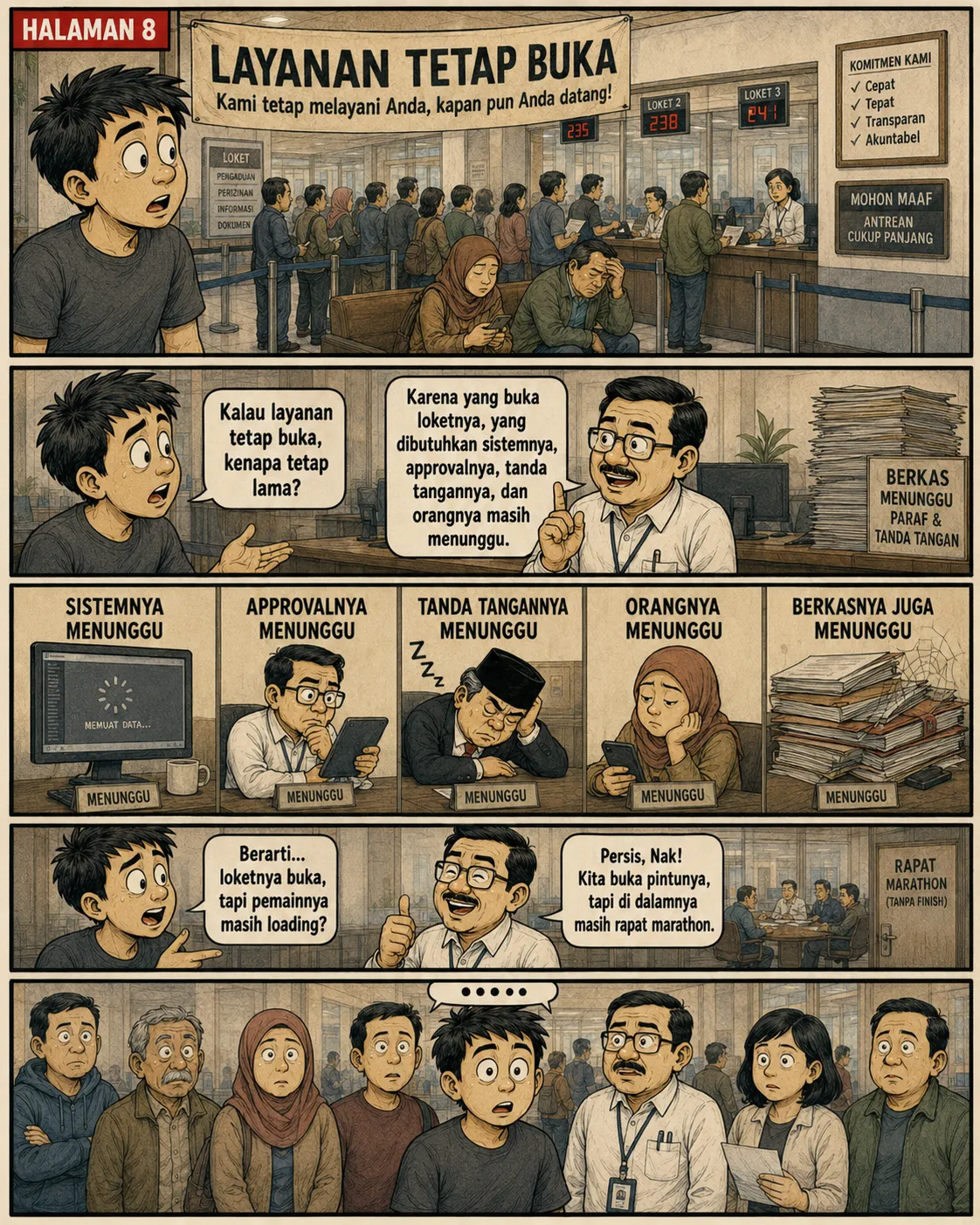 Halaman 8: Spanduk "Layanan Tetap Buka" di atas loket yang antreannya mengular; lima panel kecil menunjukkan sistem, approval, tanda tangan, orang, dan berkas yang sama-sama "menunggu".