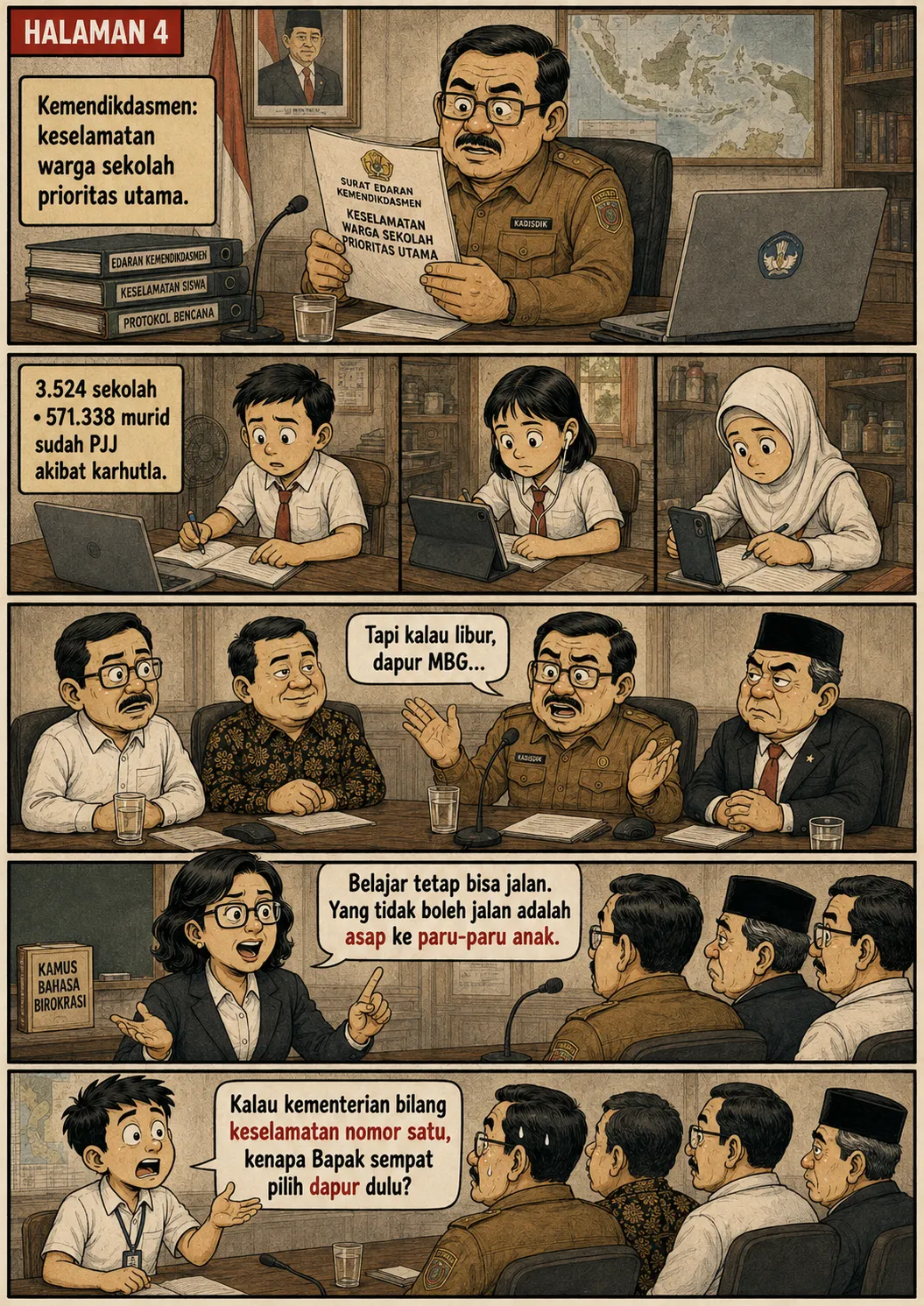 Halaman 4: Kepala dinas membaca surat edaran soal keselamatan sekolah; anak-anak sudah belajar jarak jauh dari rumah; di rapat, seseorang tetap menyebut dapur MBG sebagai alasan.
