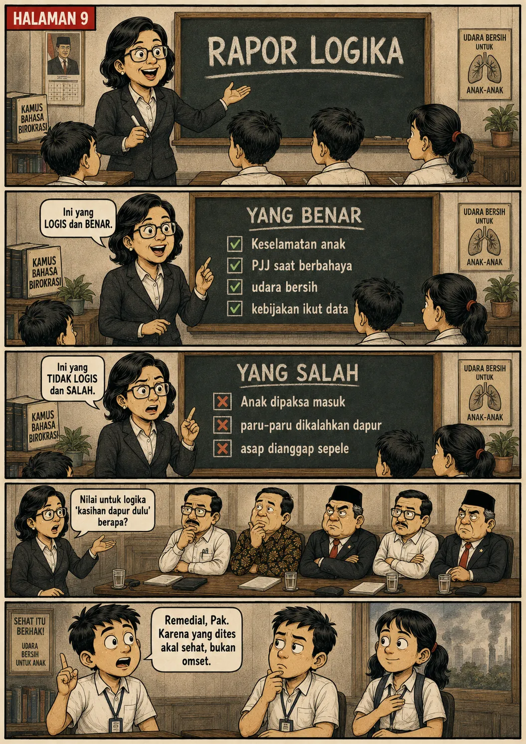 Halaman 9: Guru menulis "Rapor Logika" di papan tulis dengan daftar "yang benar" bercentang hijau dan "yang salah" bertanda silang merah; para pejabat merenung.
