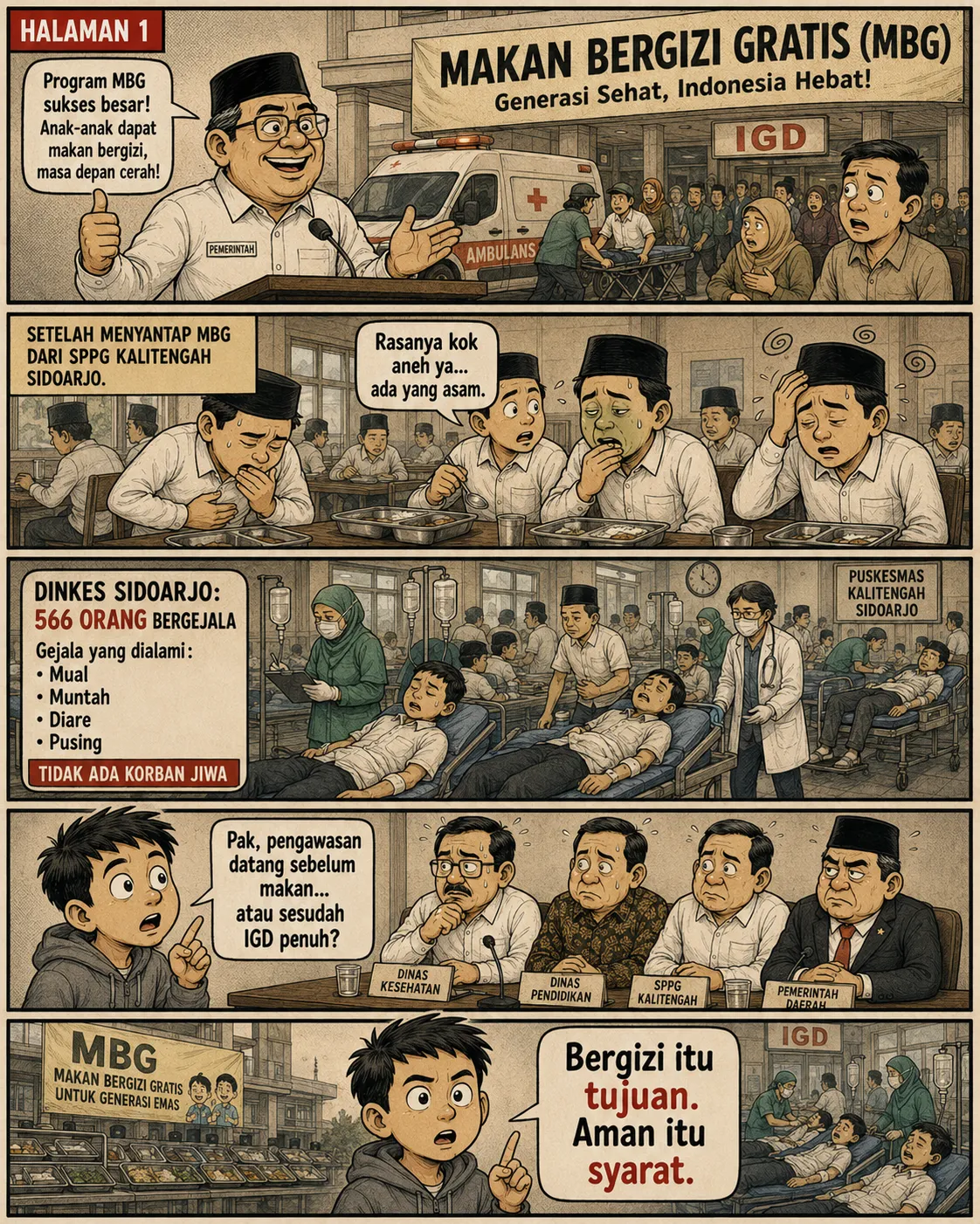 Sampul komik "Bergizi Itu Tujuan, Aman Itu Syarat": pejabat memuji keberhasilan MBG di podium, sementara di belakang ambulans dan IGD dipenuhi santri yang bergejala.