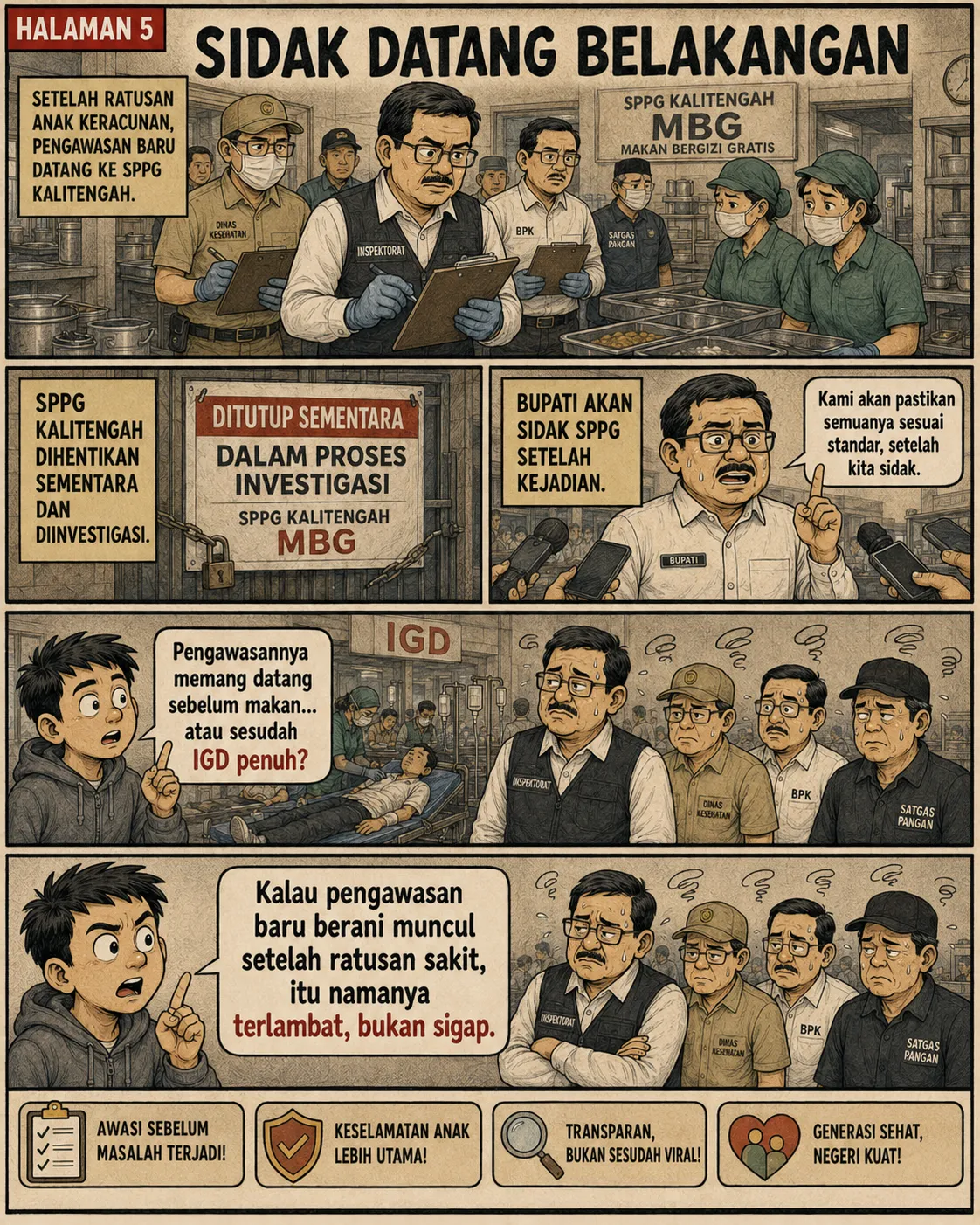 Halaman 5: Petugas berpakaian pengawas memeriksa dapur SPPG Kalitengah yang ditempeli papan "ditutup sementara"; bupati memberi pernyataan pers bahwa sidak dilakukan setelah kejadian.