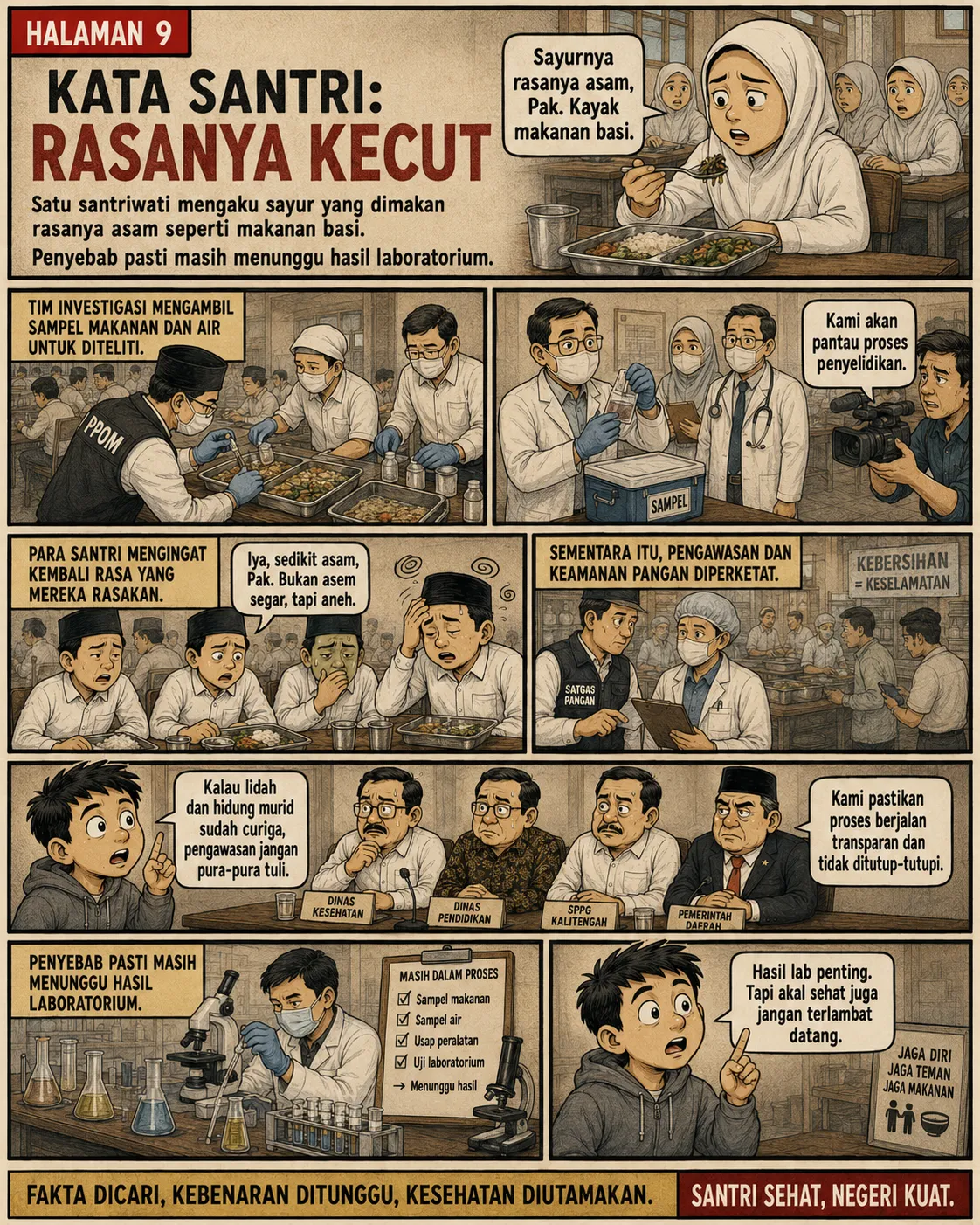 Halaman 9: Petugas laboratorium mengambil dan menguji sampel makanan MBG di mikroskop dan tabung reaksi; santri mengingat kembali rasa asam yang mereka cicipi; checklist investigasi ditampilkan.