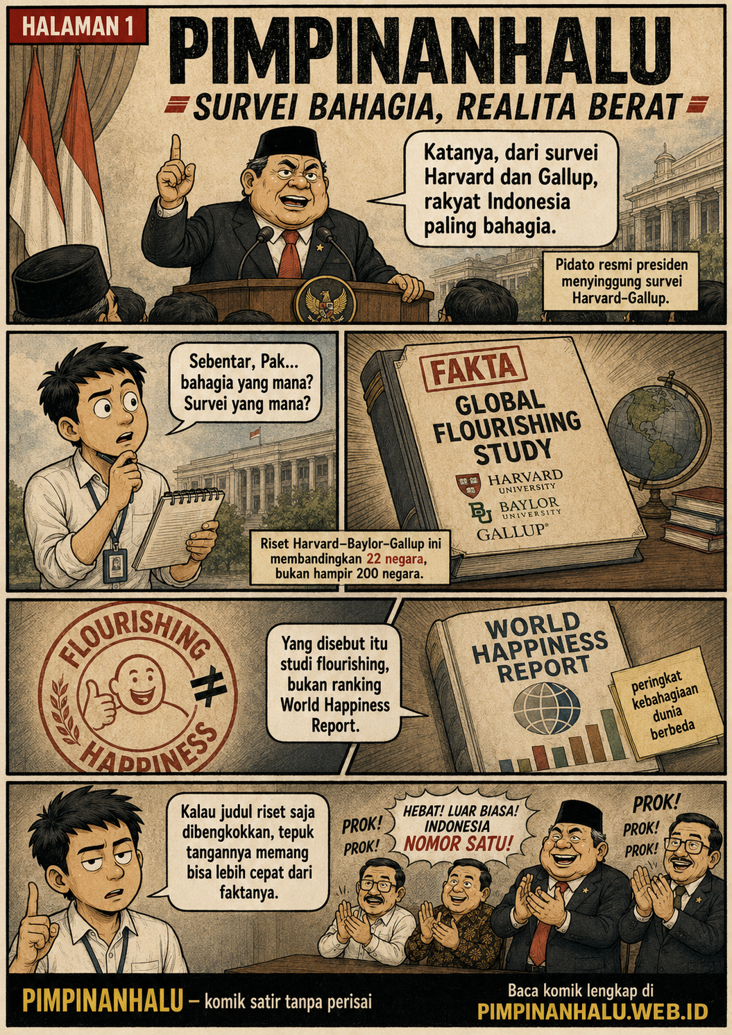 Halaman 1: Presiden berpidato tentang survei Harvard dan Gallup, sementara reporter menunjukkan bahwa Global Flourishing Study hanya mencakup 22 negara dan berbeda dari World Happiness Report.