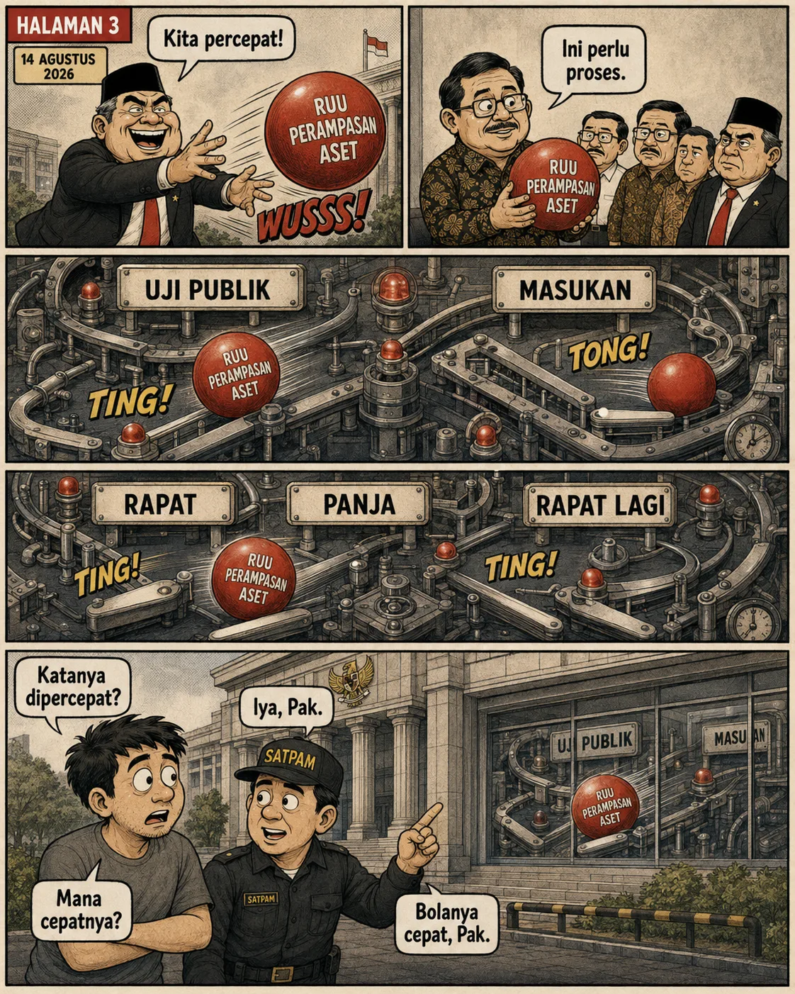 Halaman 3: Bola merah bertuliskan "RUU Perampasan Aset" memantul di mesin pinball raksasa berlabel Uji Publik, Masukan, Rapat, Panja, Rapat Lagi; di luar, seorang warga bertanya "mana cepatnya?" dan satpam menunjuk mesin.