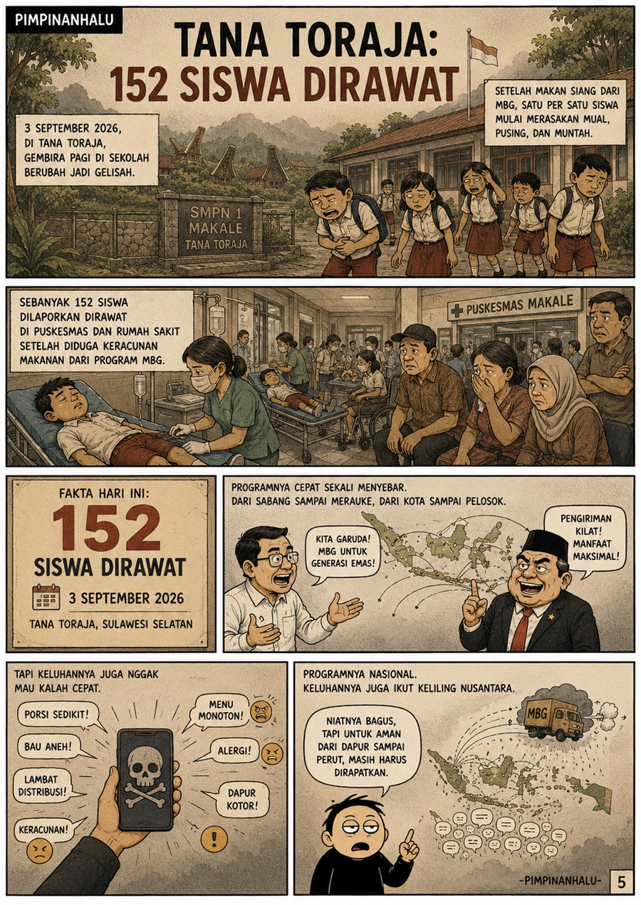 Halaman 5: siswa SMP di Tana Toraja mengalami keluhan dan mendapat penanganan medis, disertai angka 152 siswa pada 3 September 2026.