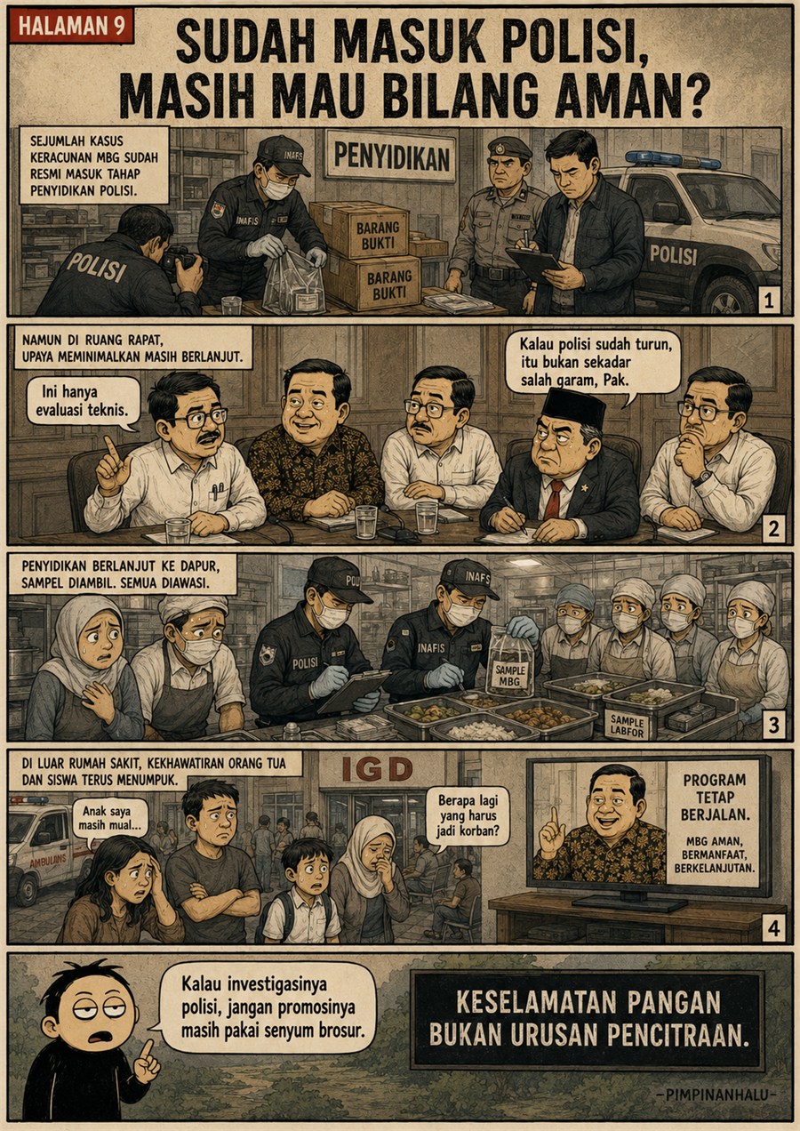 Halaman 9: dramatisasi penyelidikan polisi, penyegelan dapur, pengambilan sampel makanan, pemeriksaan laboratorium, dan desakan transparansi.