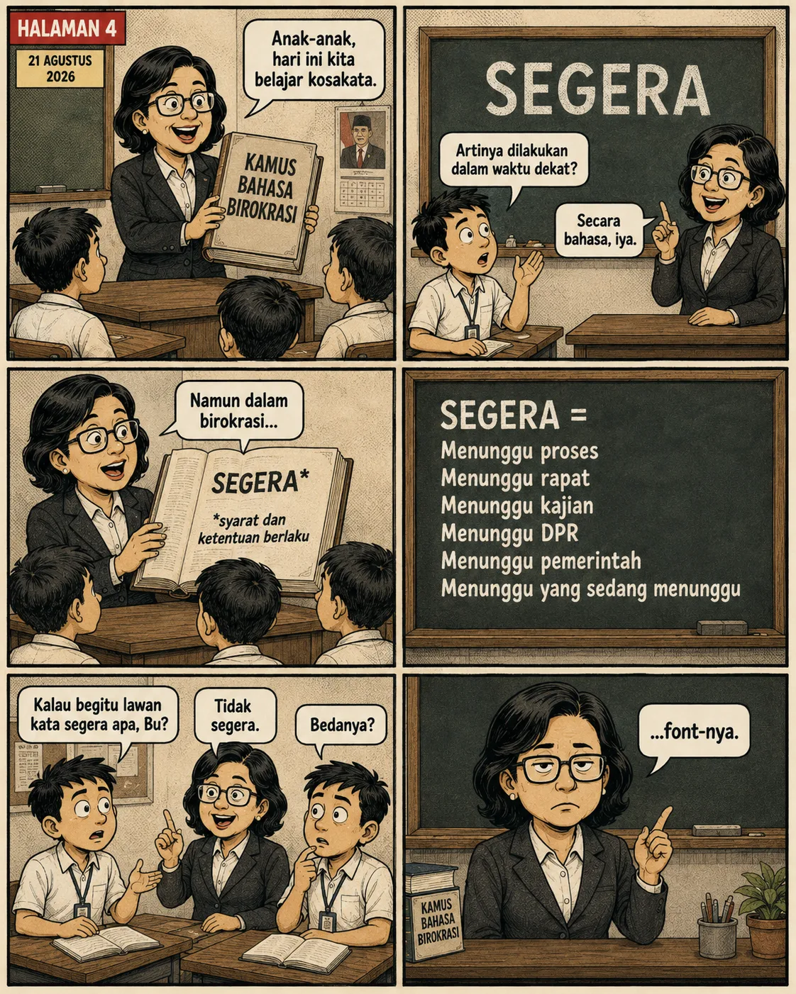 Halaman 4 (21 Agustus 2026): Guru mengajar dari "Kamus Bahasa Birokrasi"; papan tulis mendefinisikan SEGERA sebagai menunggu proses, rapat, kajian, DPR, pemerintah, dan "yang sedang menunggu"; lawan katanya "tidak segera", bedanya cuma "font-nya".