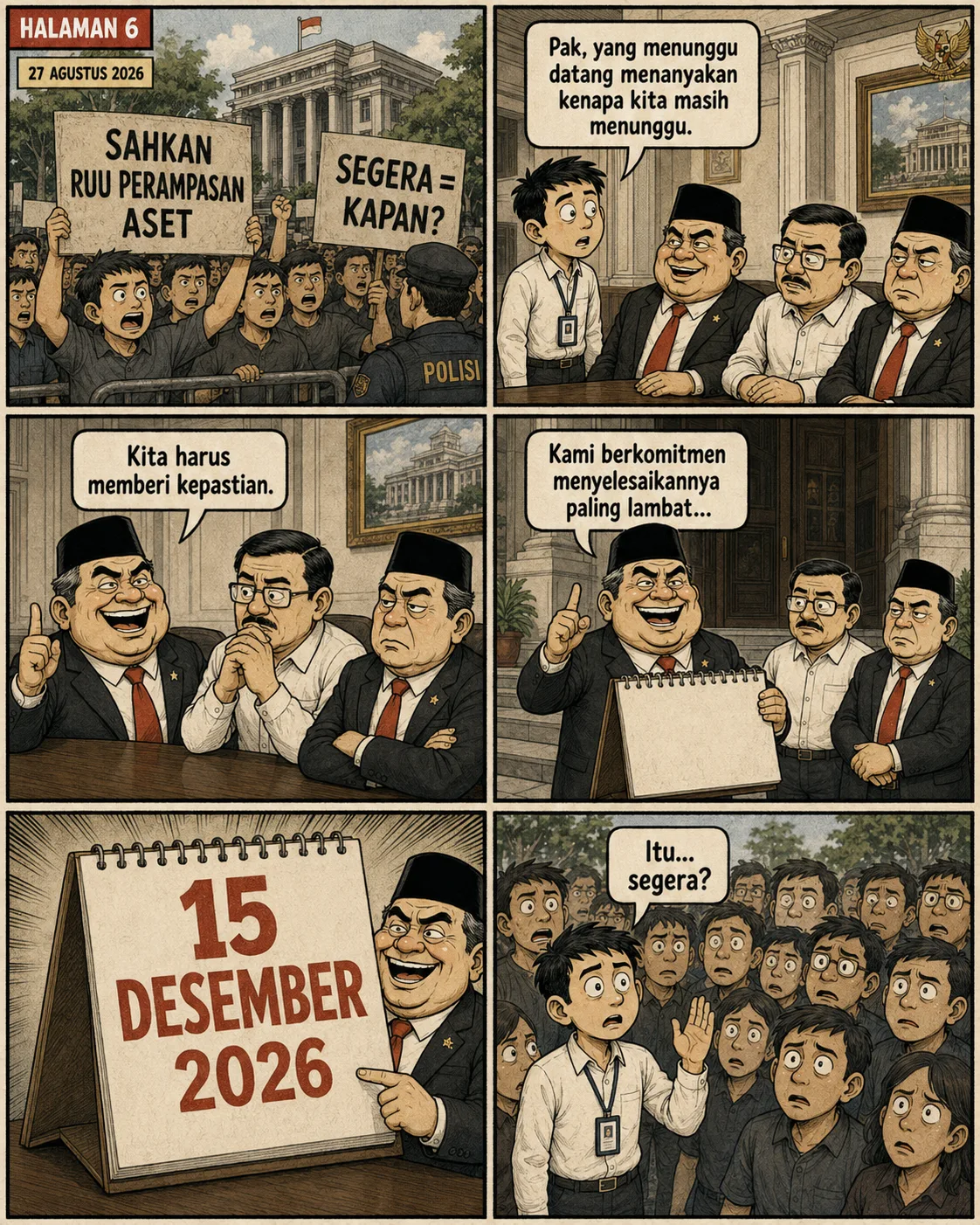 Halaman 6 (27 Agustus 2026): Demonstran membawa poster "Sahkan RUU Perampasan Aset" dan "Segera = kapan?"; pejabat berjanji menyelesaikan "paling lambat" lalu memegang kalender bertuliskan 15 Desember 2026 di depan kerumunan yang bingung.