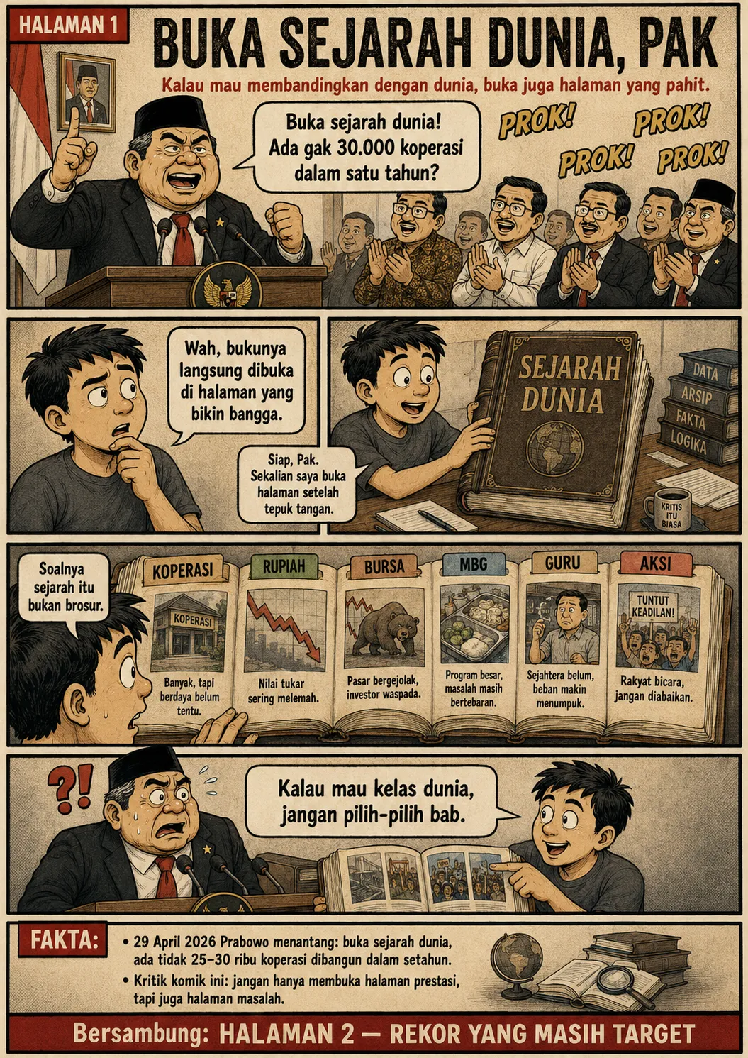 Sampul Sejarah Itu Bukan Brosur: pejabat menantang membuka sejarah dunia soal 30.000 koperasi, sementara buku "Sejarah Dunia" terbuka pada bab-bab masalah 2026.