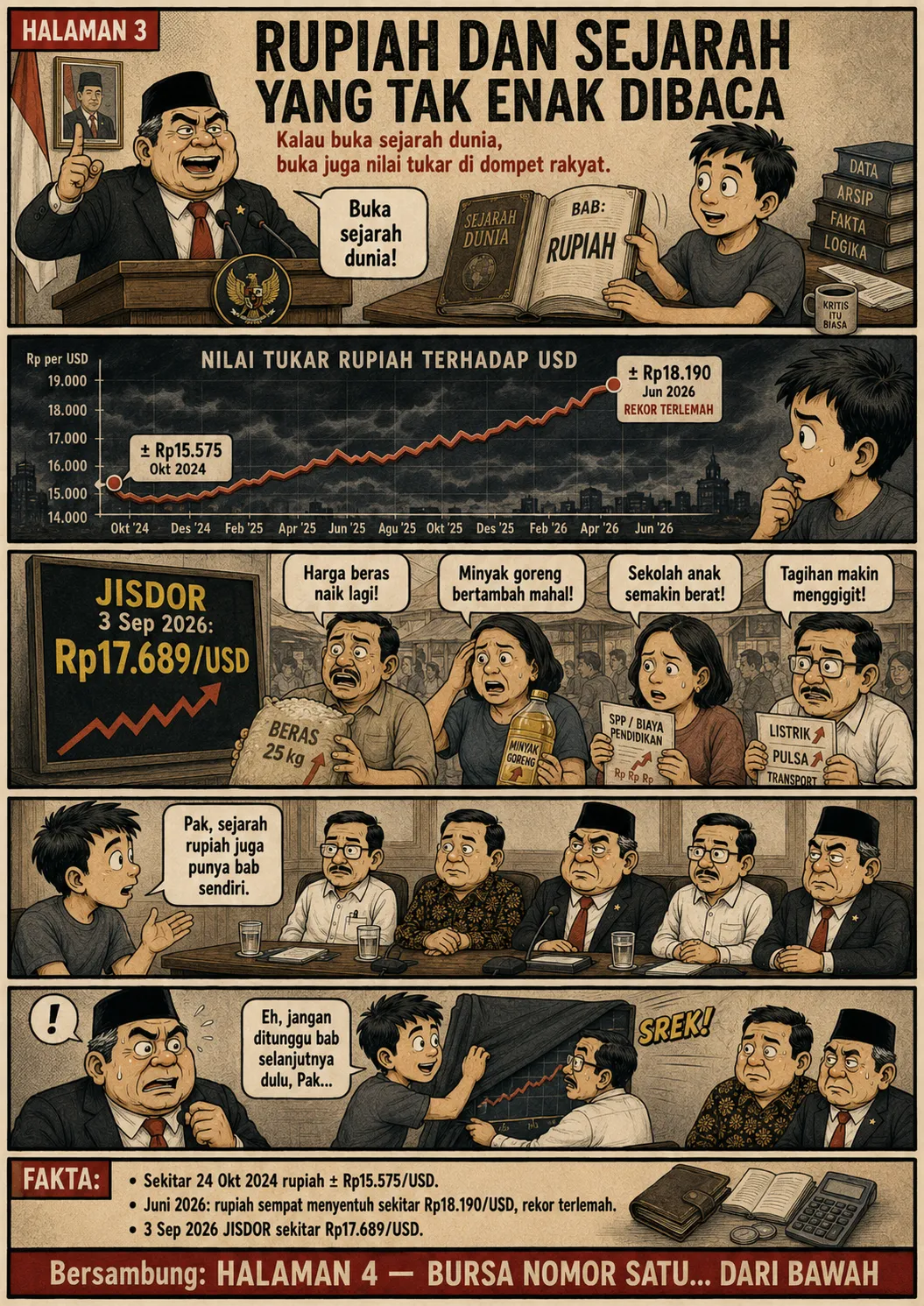 Halaman 3: Grafik nilai tukar rupiah terhadap dolar AS yang menanjak tajam menuju rekor terlemah; warga di pasar mengeluh harga beras, minyak goreng, biaya sekolah, dan tagihan yang naik.