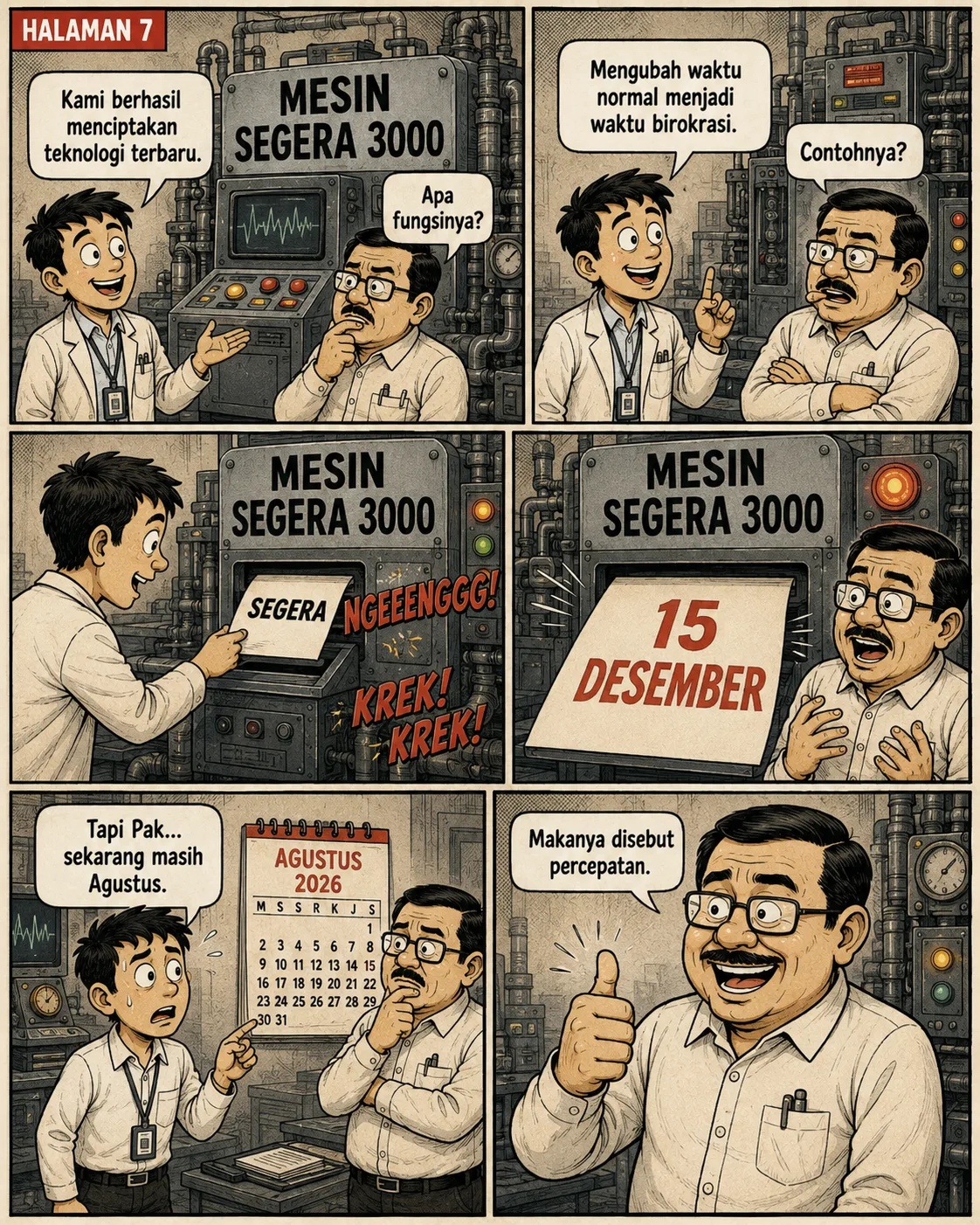 Halaman 7: Di sebuah lab, staf memamerkan "Mesin Segera 3000" yang mengubah kertas bertuliskan "SEGERA" menjadi "15 Desember"; ketika diingatkan sekarang masih Agustus, jawabannya "makanya disebut percepatan".