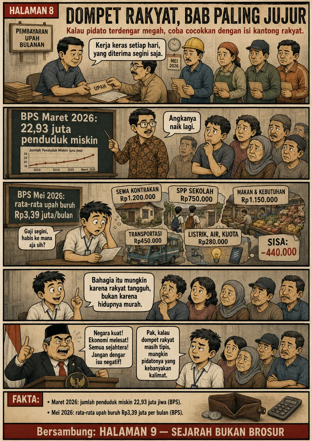 Halaman 8: Papan data BPS jumlah penduduk miskin dan rata-rata upah buruh; rincian pengeluaran rumah tangga yang berujung saldo minus; pejabat berpidato "semua sejahtera, jangan dengar isu negatif".