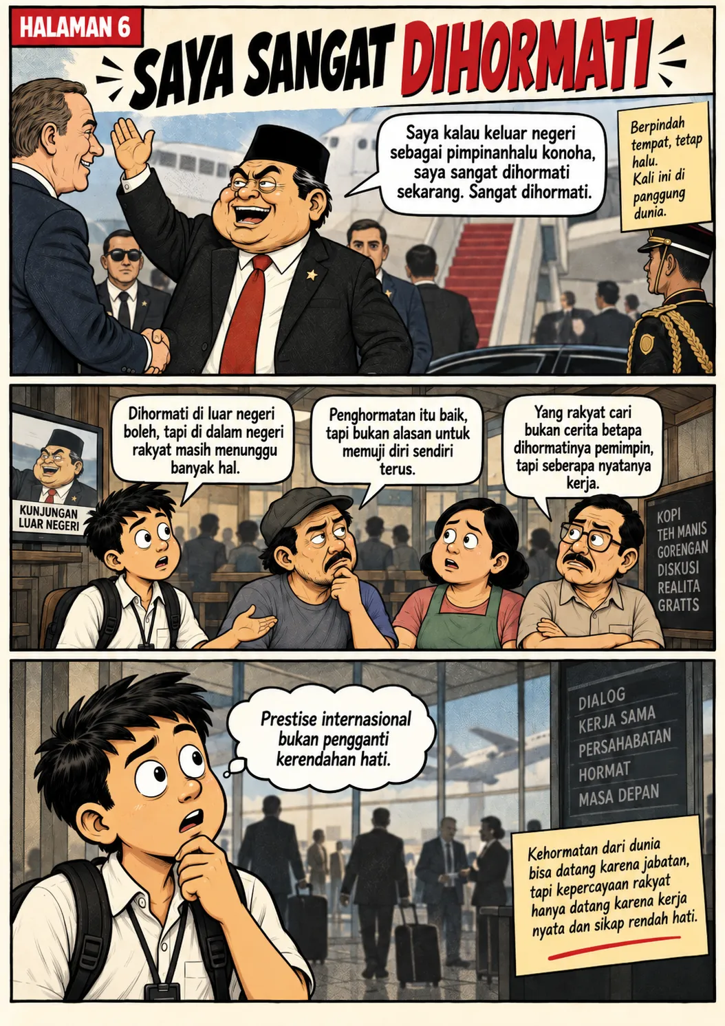 Halaman 6: Pejabat disambut karpet merah dan jabat tangan pejabat asing di bandara sambil membanggakan penghormatan internasional; warga mengingatkan rakyat di dalam negeri masih menunggu banyak hal.