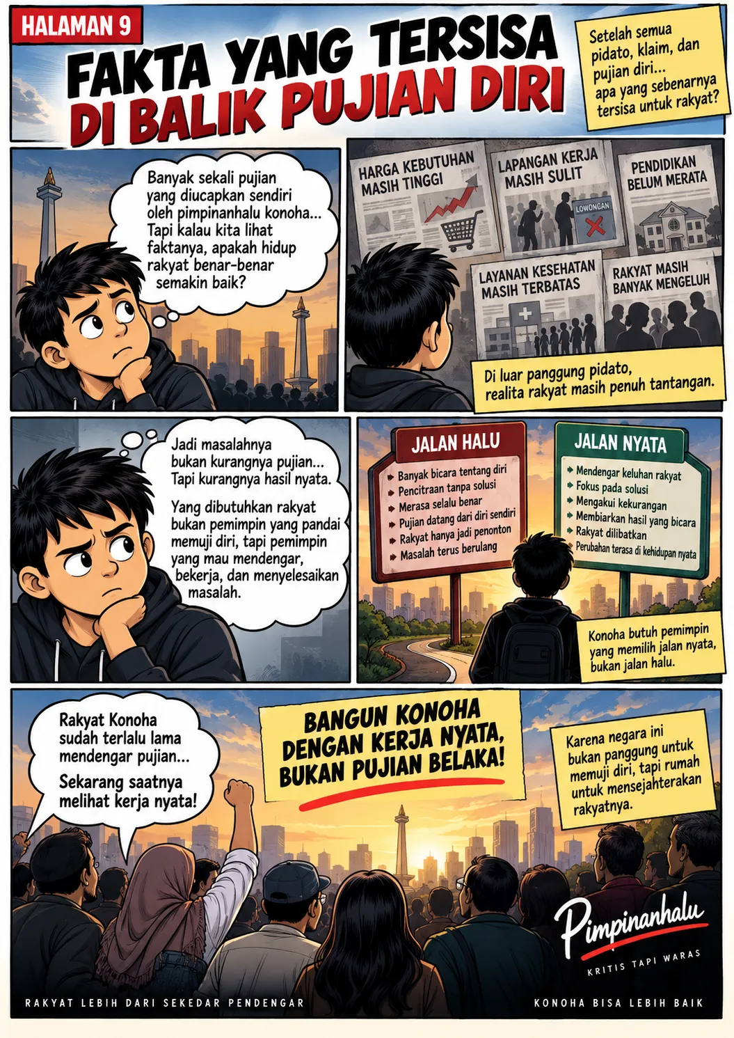 Halaman 9: Papan berita menampilkan daftar masalah rakyat yang belum selesai; dua papan penunjuk jalan "Jalan Halu" dan "Jalan Nyata" mengarahkan pilihan gaya kepemimpinan.